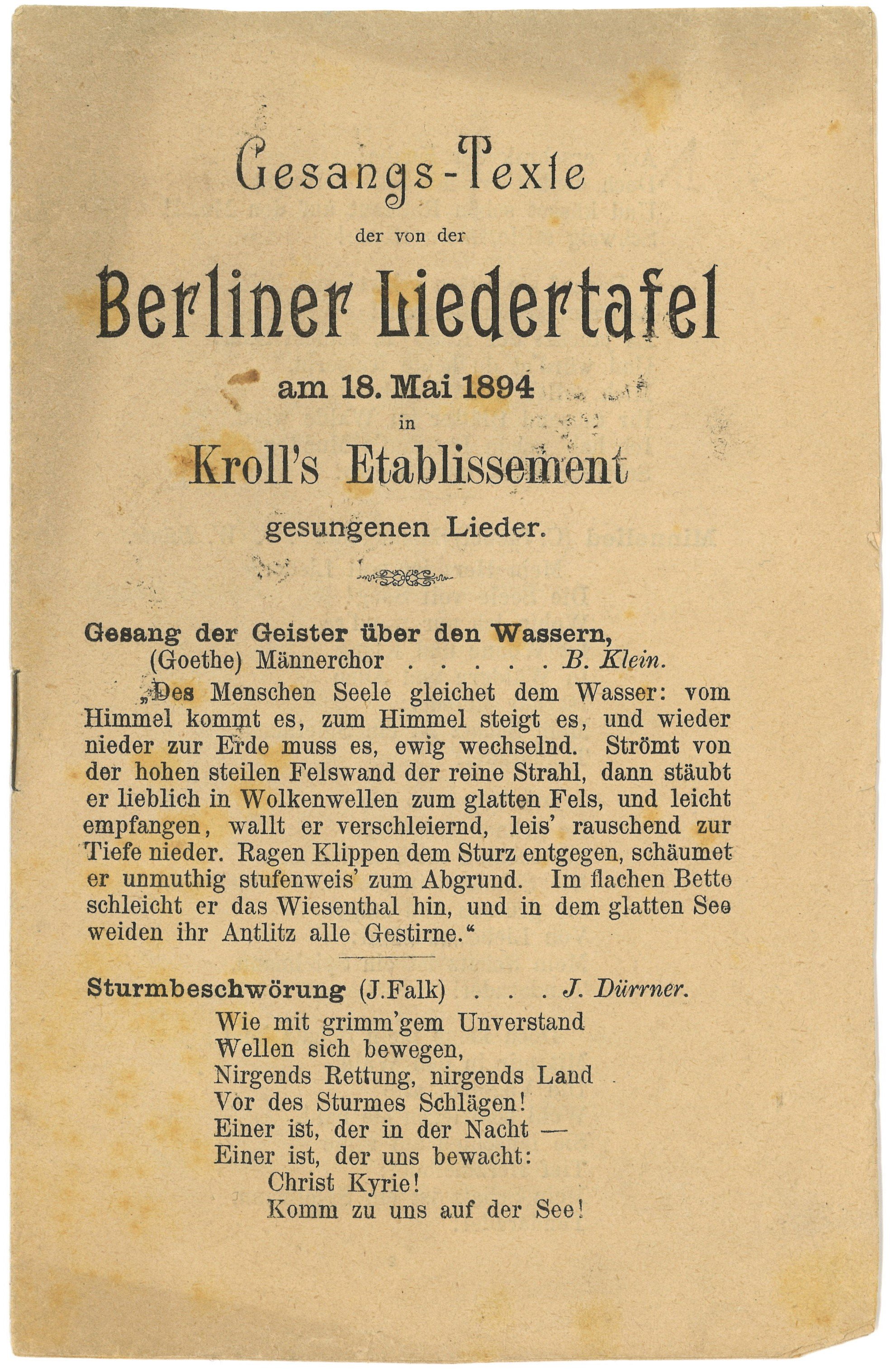 Texte der von der Berliner Liedertafel am 18. Mai 1894 gesungenen Lieder (Landesgeschichtliche Vereinigung für die Mark Brandenburg e.V., Archiv CC BY)