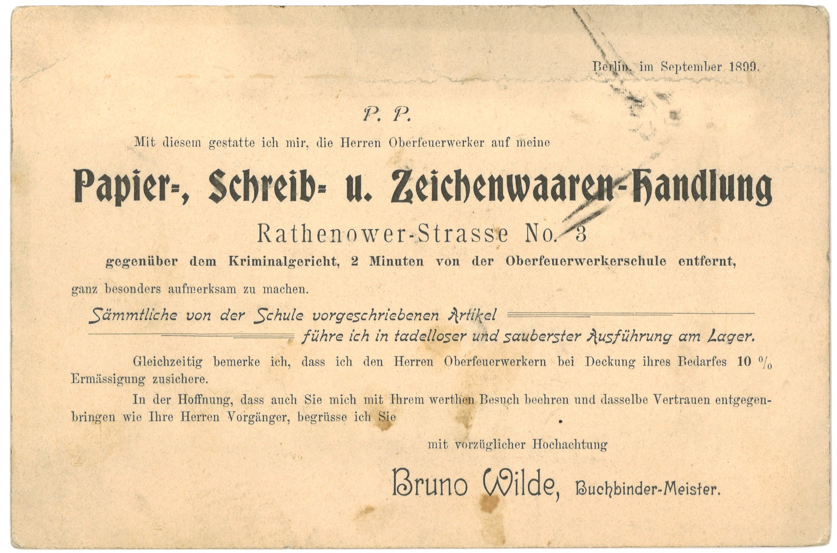 Geschäftskarte des Buchbindermeisters Bruno Wilde in Berlin 1899 (Landesgeschichtliche Vereinigung für die Mark Brandenburg e.V., Archiv CC BY)