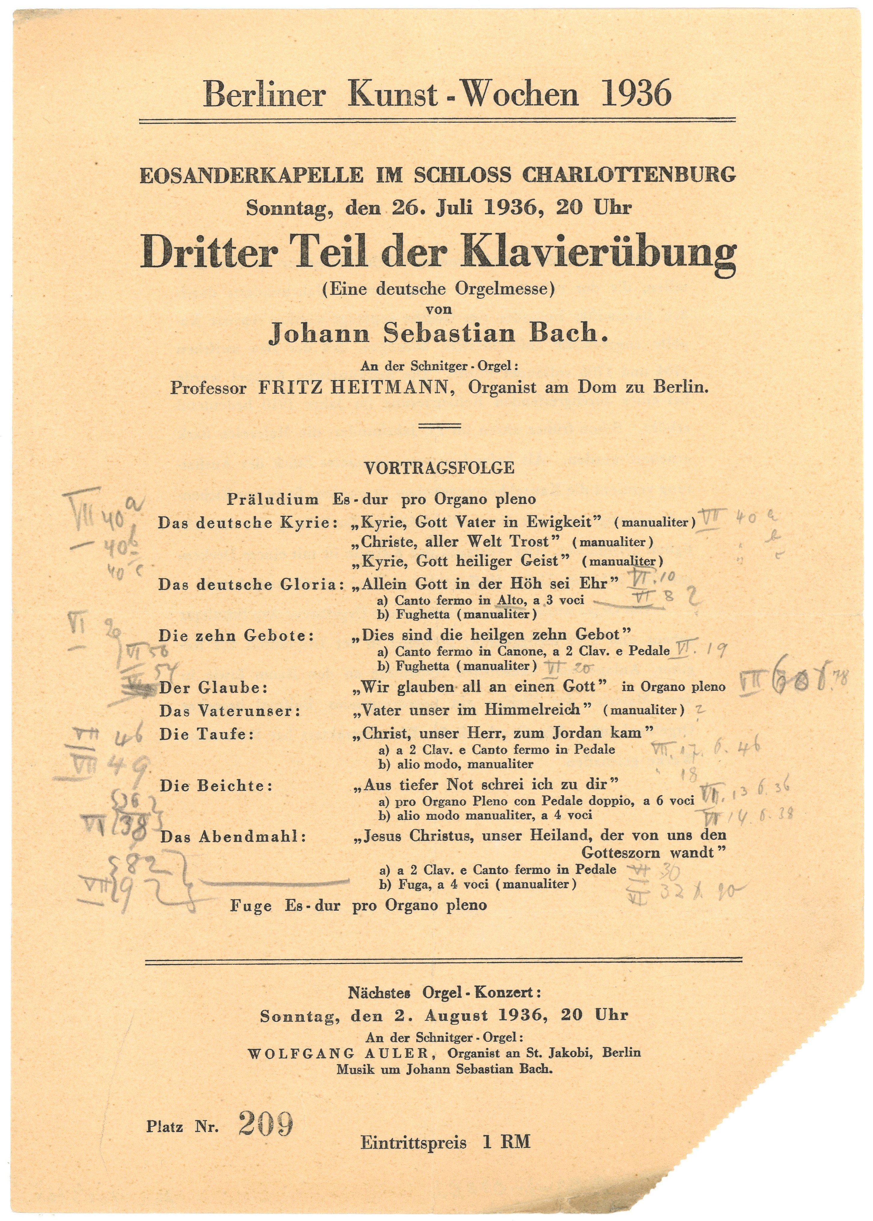 Programm zum Orgelkonzert in der Eosanderkapelle des Schlosses Charlottenburg am 26. Juli 1936 (Landesgeschichtliche Vereinigung für die Mark Brandenburg e.V., Archiv CC BY)
