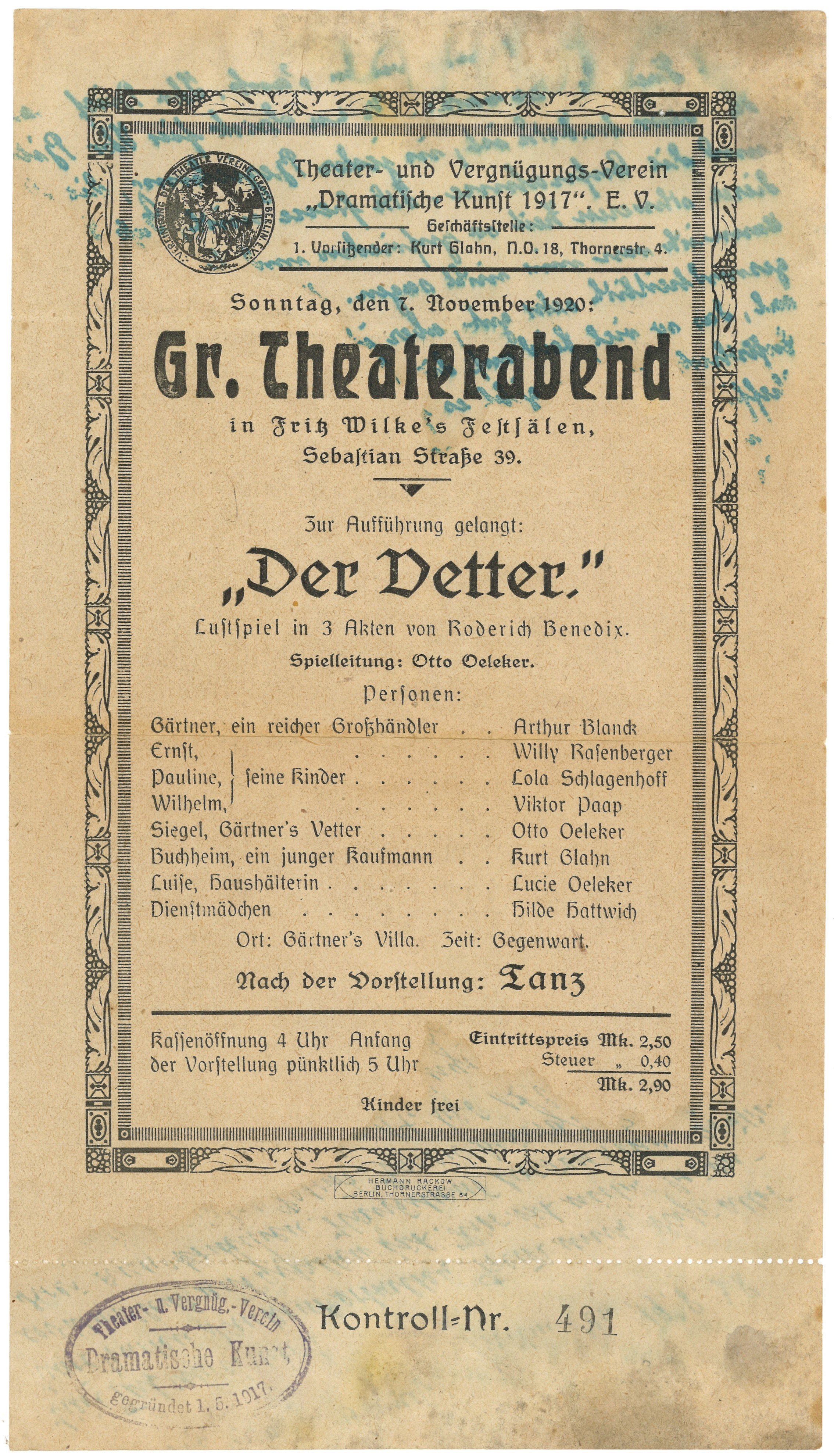 Theaterzettel des Theater- und Vergnügungs-Vereins "Dramatische Kunst 1917" in Berlin für "Der Vetter" 1920 (Landesgeschichtliche Vereinigung für die Mark Brandenburg e.V., Archiv CC BY)
