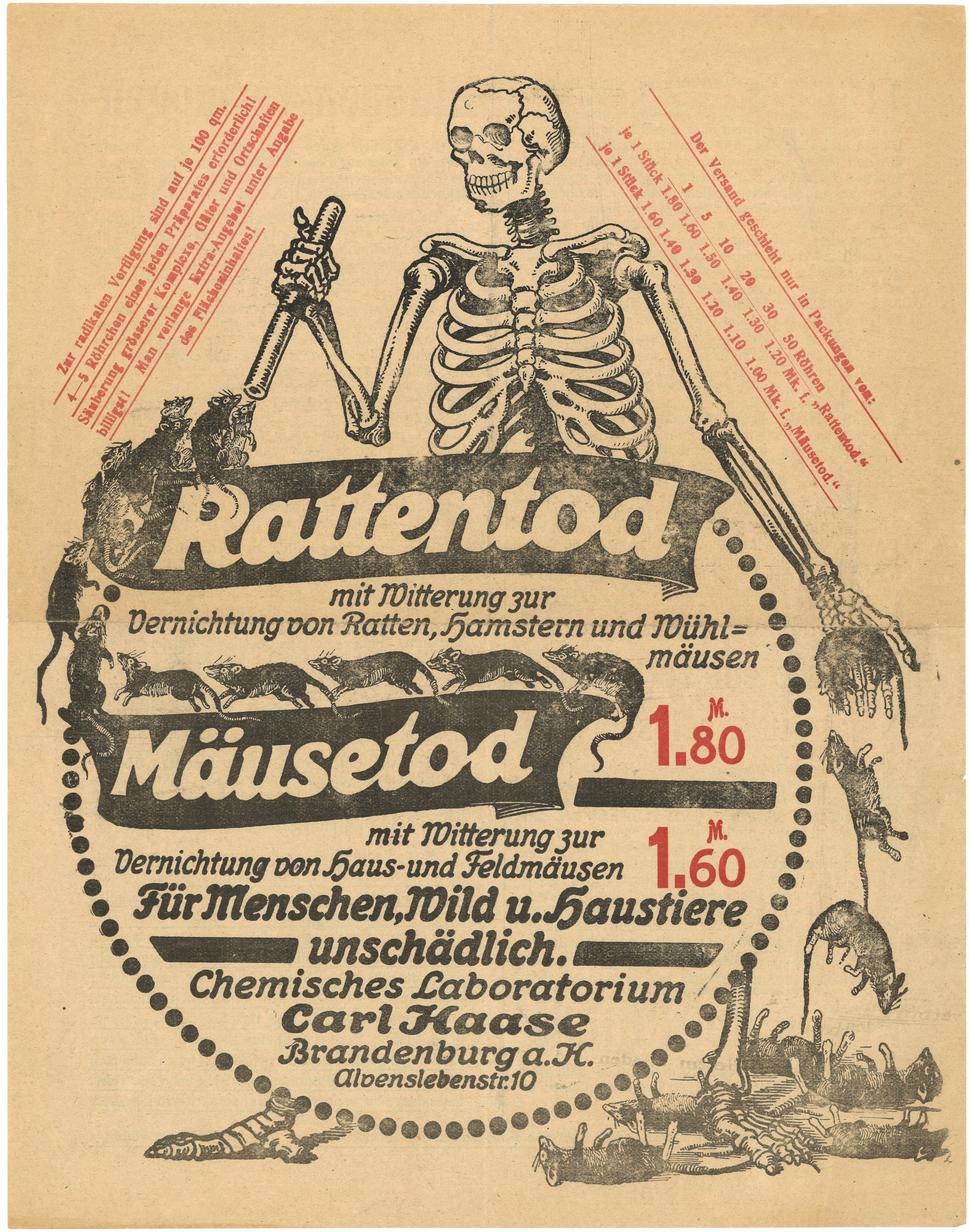 Werbung des Chemischen Laboratoriums Carl Haase in Brandenburg a.H. für Ratten- und Mäusetod (ca. 1916) (Landesgeschichtliche Vereinigung für die Mark Brandenburg e.V., Archiv CC BY)