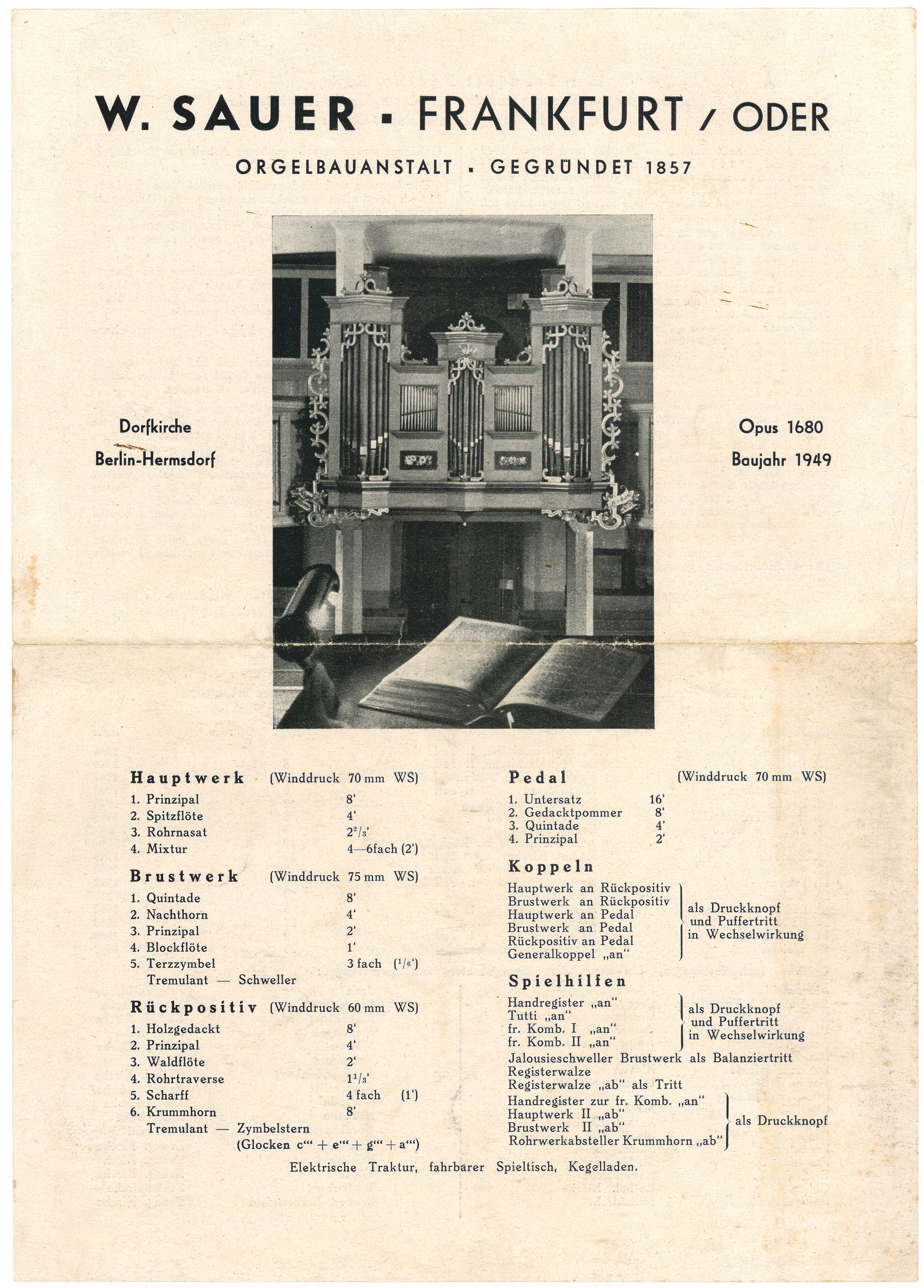 Werbeblatt der Orgelbauanstalt W. Sauer in Frankfurt/Oder (1950) (Landesgeschichtliche Vereinigung für die Mark Brandenburg e.V., Archiv CC BY)