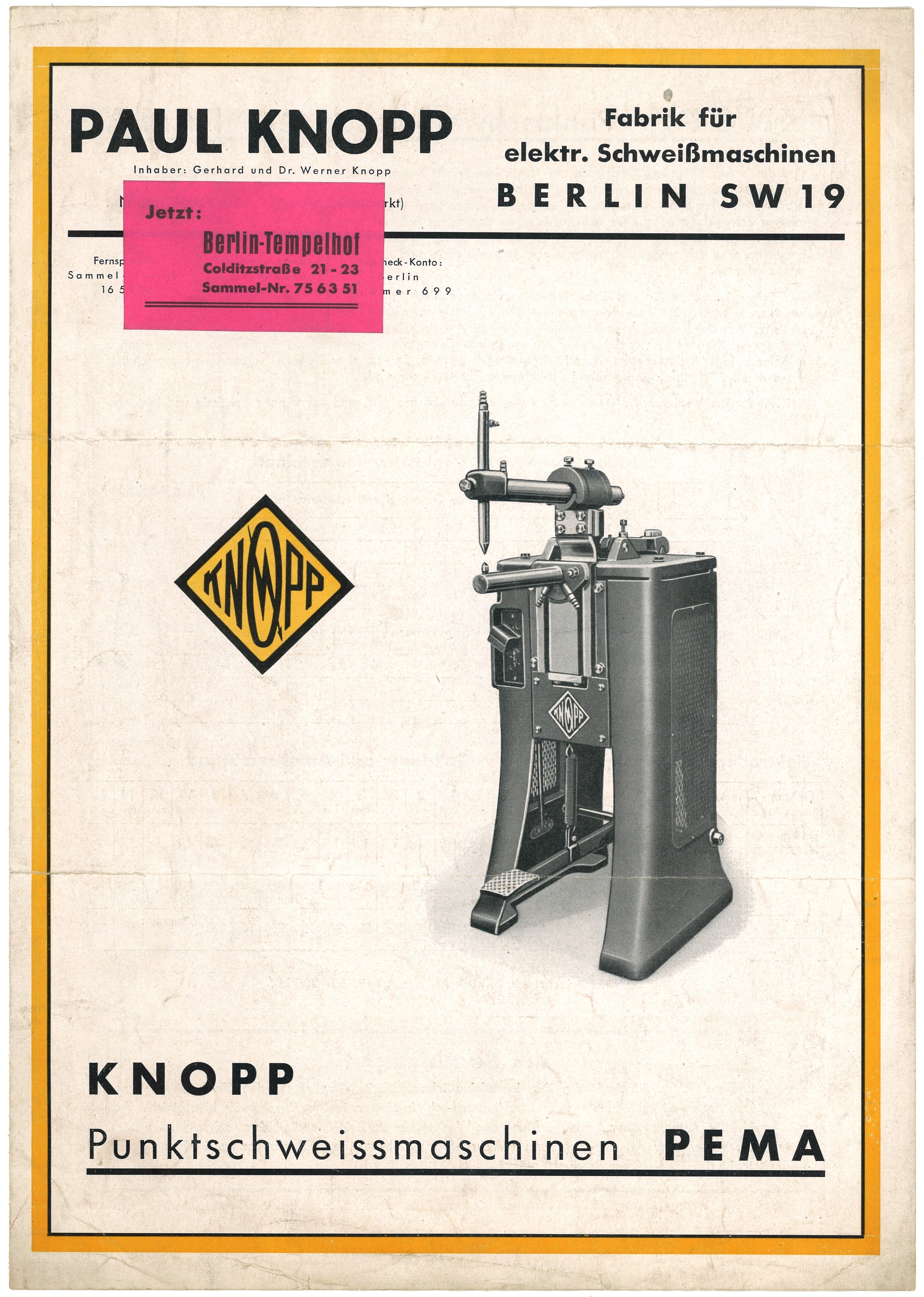 Werbeprospekt der Firma Paul Knopp in Berlin für Punktschweißmaschinen (ca. 1937) (Landesgeschichtliche Vereinigung für die Mark Brandenburg e.V., Archiv CC BY)
