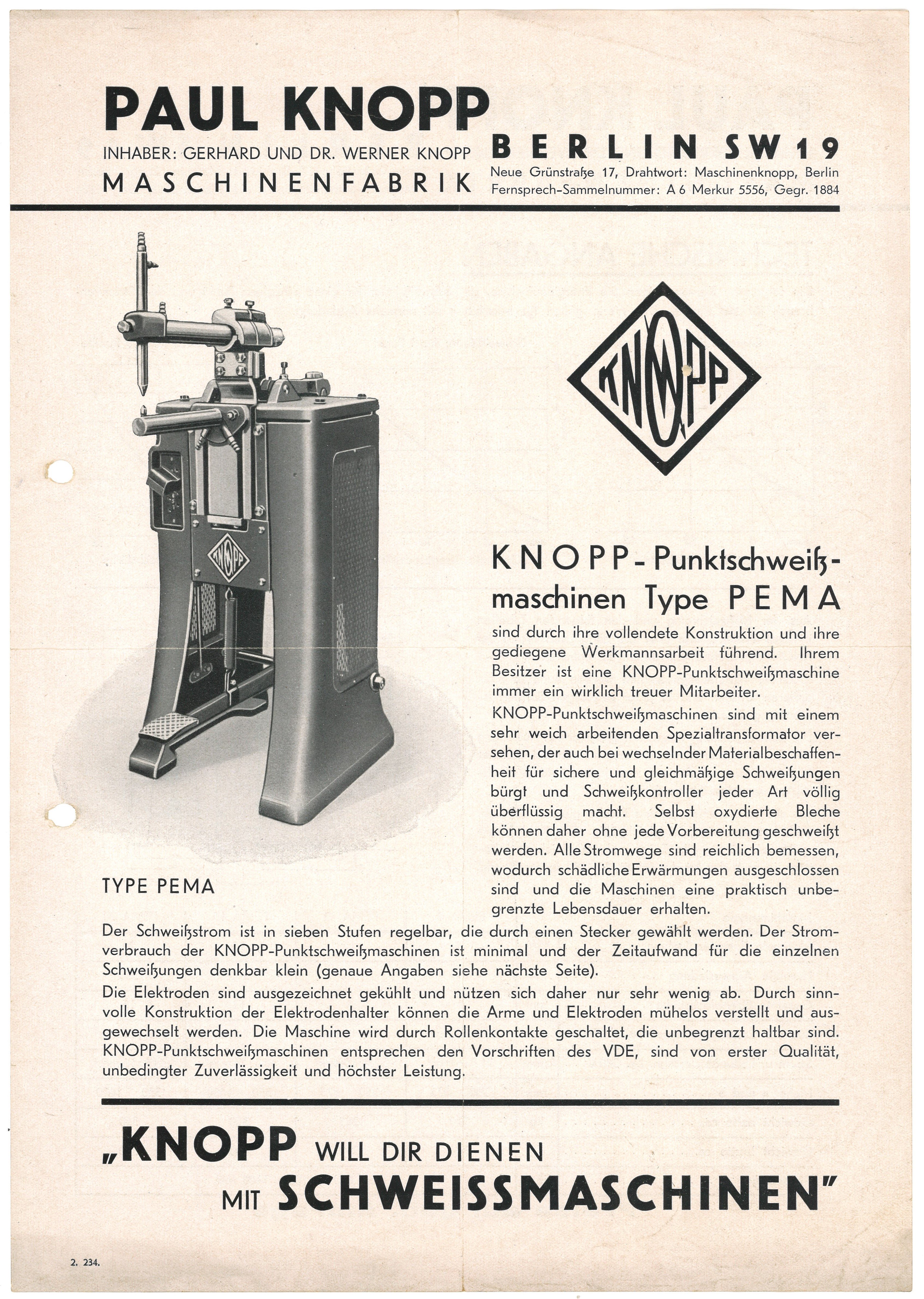 Werbeblatt der Firma Paul Knopp in Berlin für Punktschweißmaschinen PEMA (ca. 1934) (Landesgeschichtliche Vereinigung für die Mark Brandenburg e.V., Archiv CC BY)