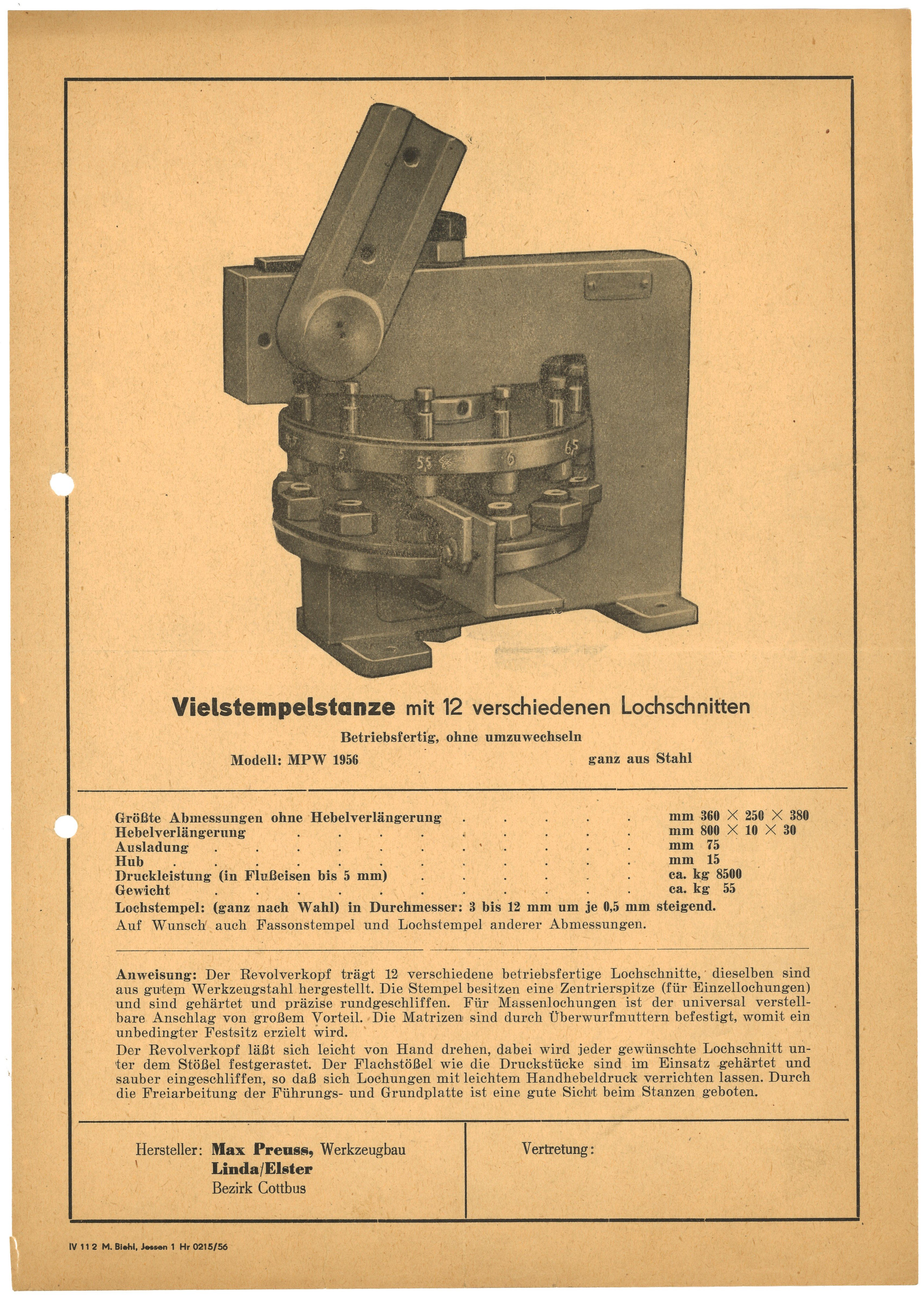 Typenblatt der Werkzeugbaufirma Max Preuss in Linda/Elster für eine Vierstempelstanze (1956) (Landesgeschichtliche Vereinigung für die Mark Brandenburg e.V., Archiv CC BY)
