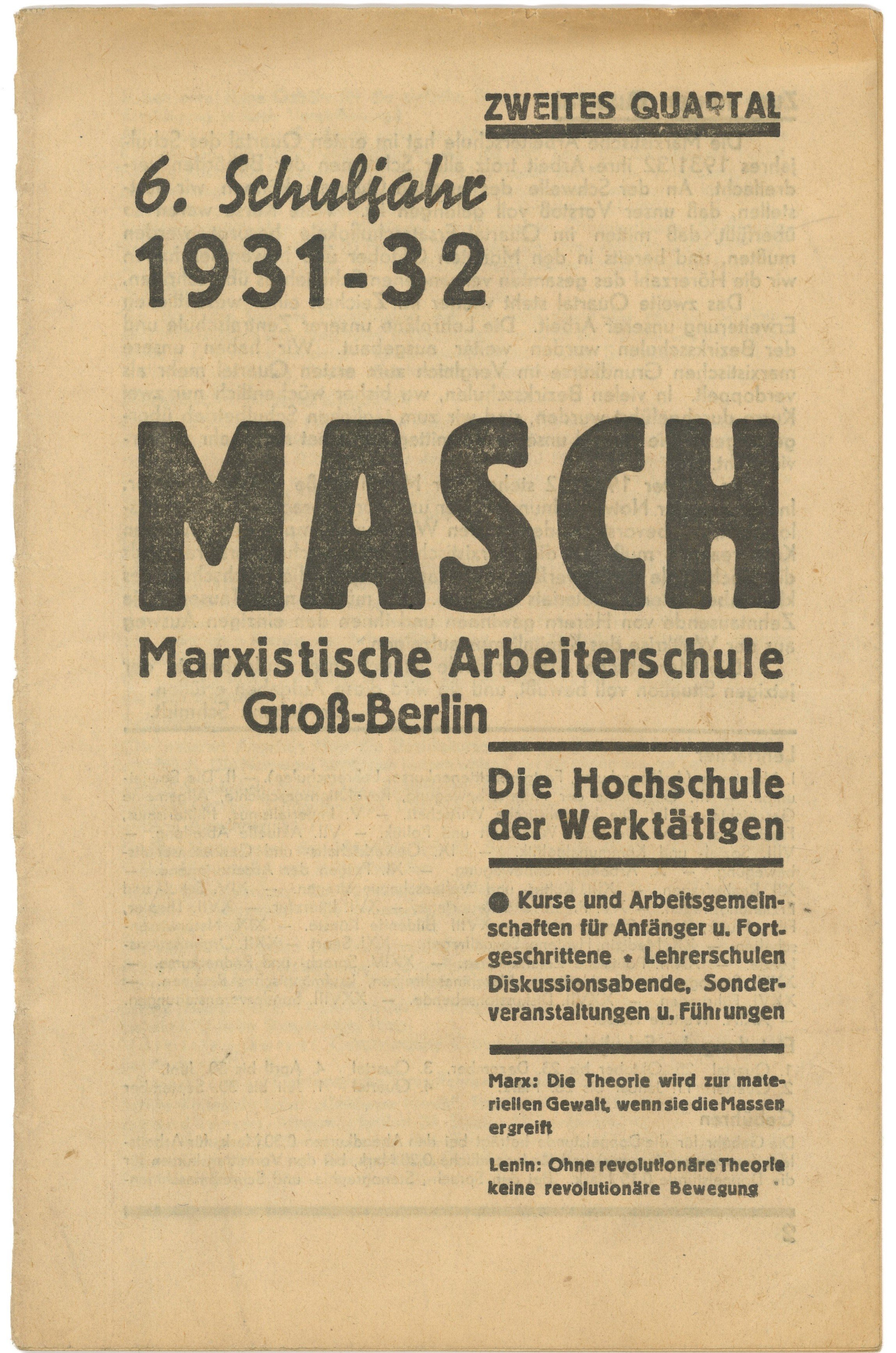 Lehrplan der MASCH Marxistschen Arbeiterschule Groß-Berlin 1931/32 (Landesgeschichtliche Vereinigung für die Mark Brandenburg e.V., Archiv CC BY)