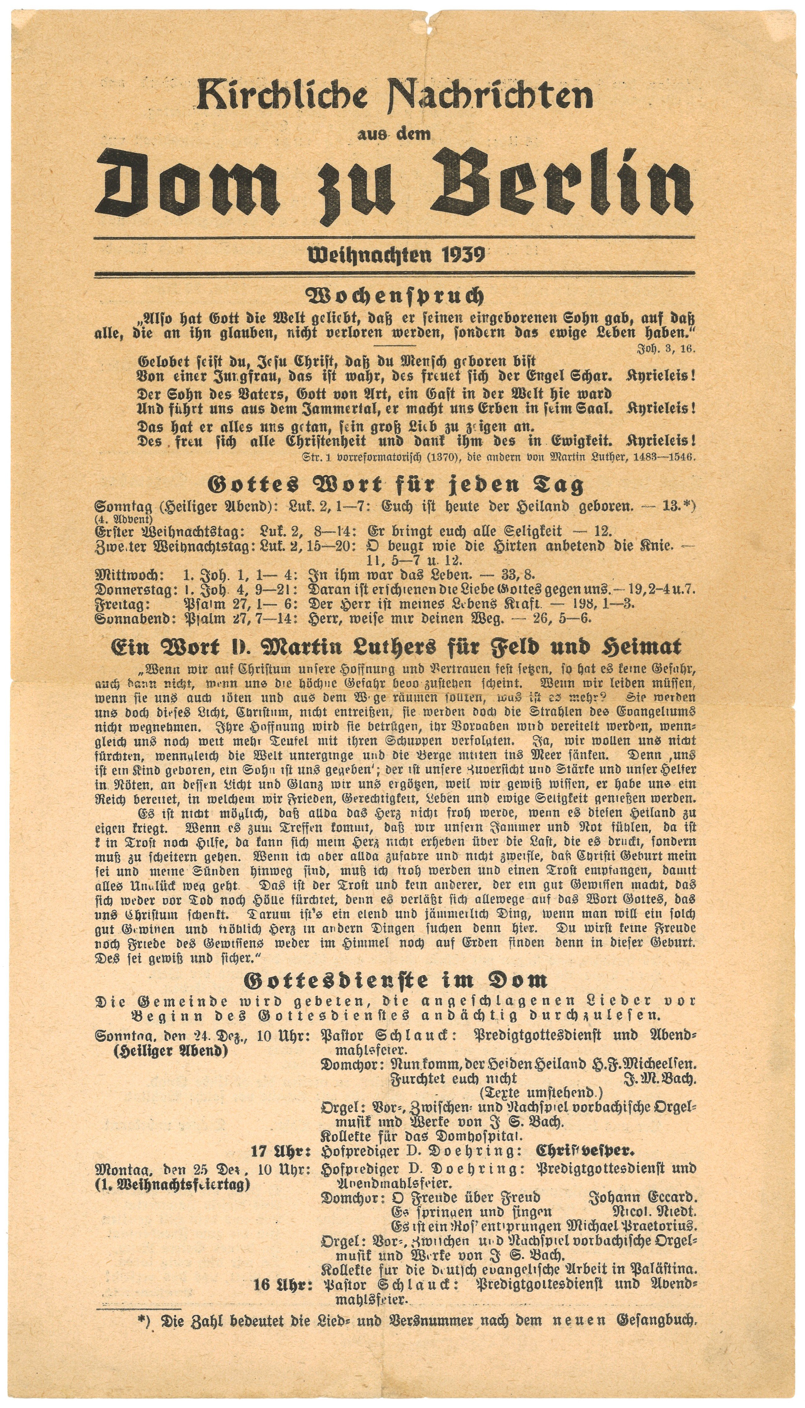 Kirchliche Nachrichten aus dem Dom zu Berlin für Weihnachten 1939 (Landesgeschichtliche Vereinigung für die Mark Brandenburg e.V., Archiv CC BY)