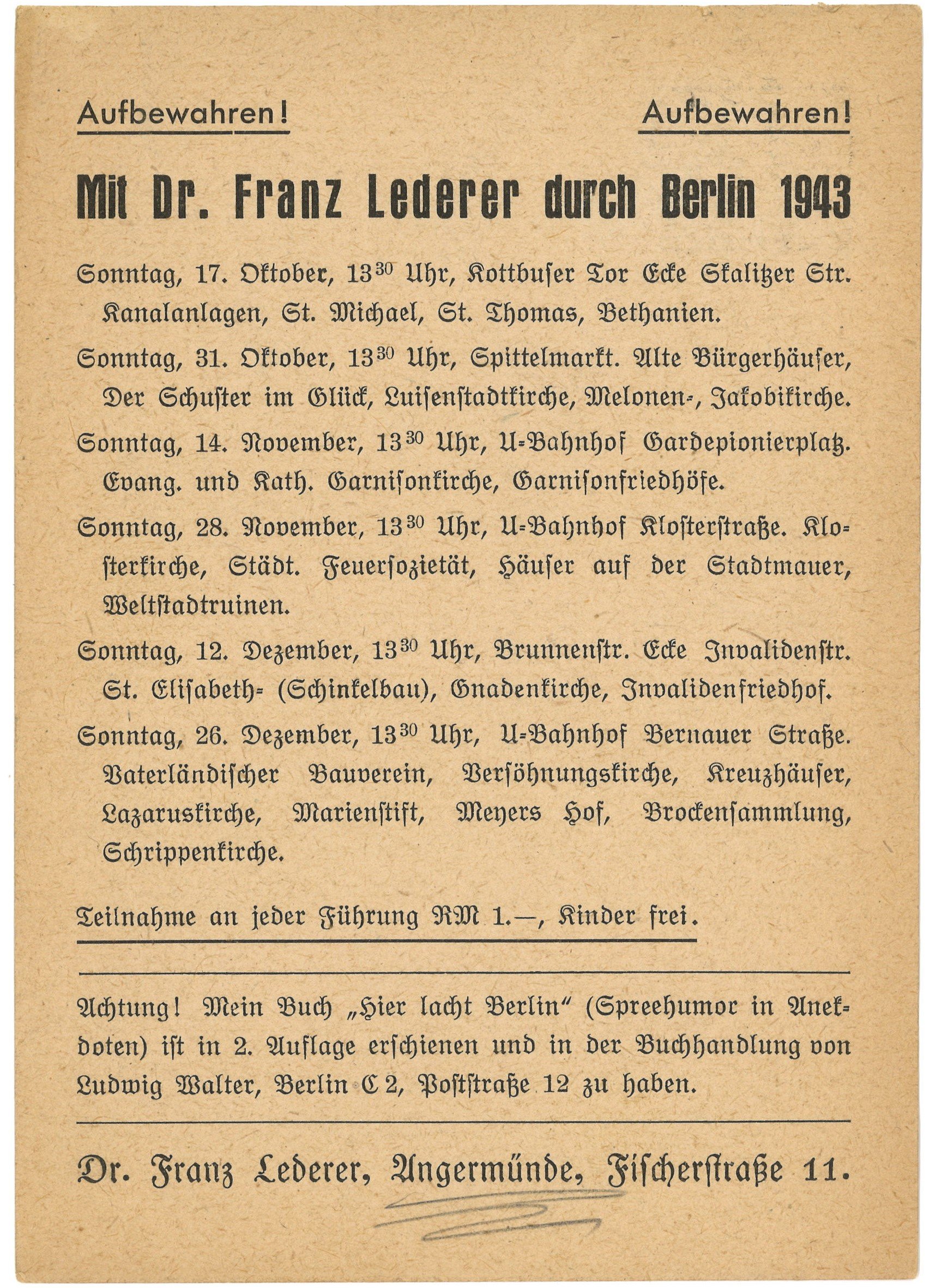 Programm der Berlin-Führungen von Dr. Franz Lederer für Oktober bis Dezember 1943 (Landesgeschichtliche Vereinigung für die Mark Brandenburg e.V., Archiv CC BY)