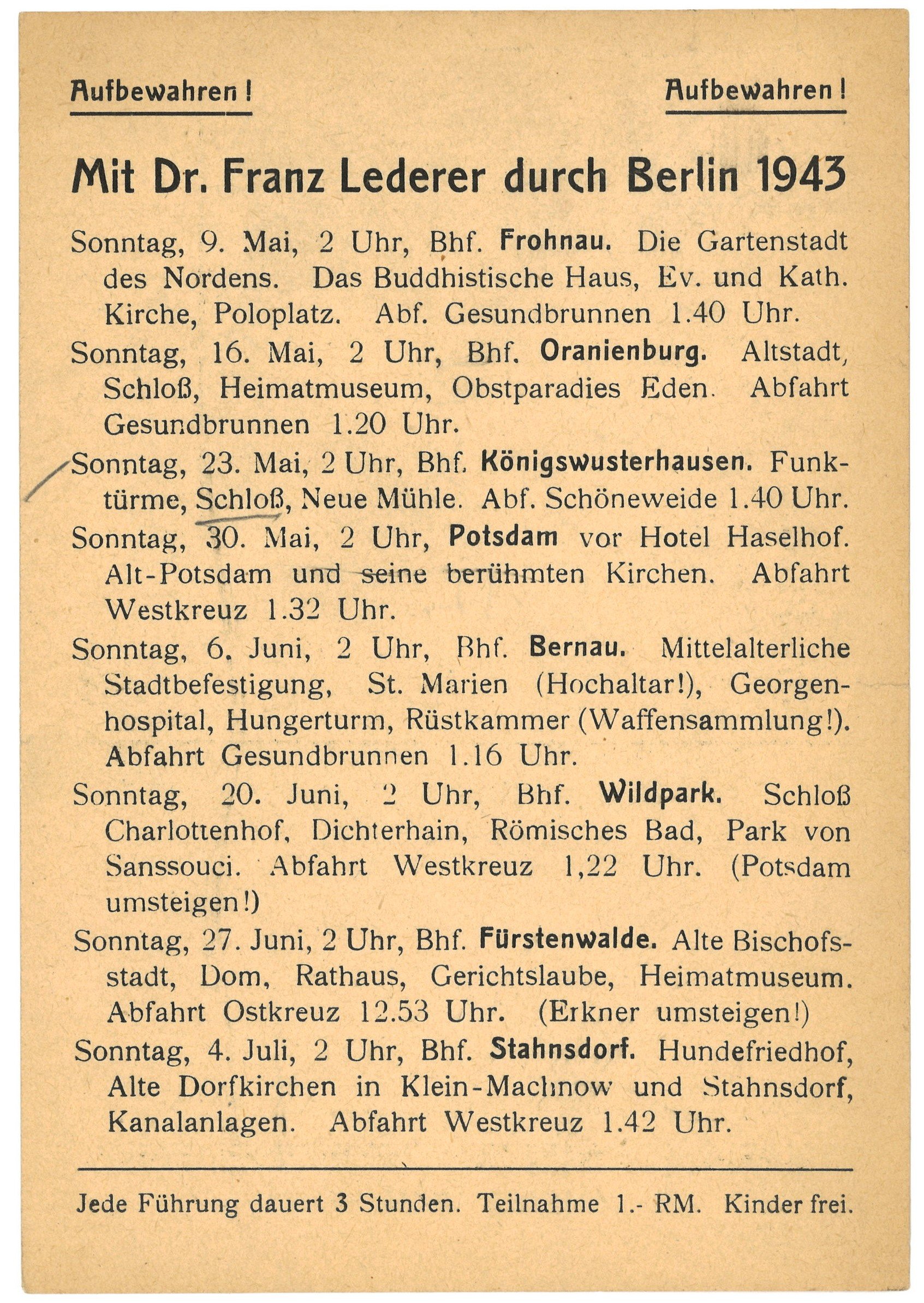 Programm der Berlin- und Brandenburg-Führungen von Dr. Franz Lederer für Mai bis Juli 1943 (Landesgeschichtliche Vereinigung für die Mark Brandenburg e.V., Archiv CC BY)