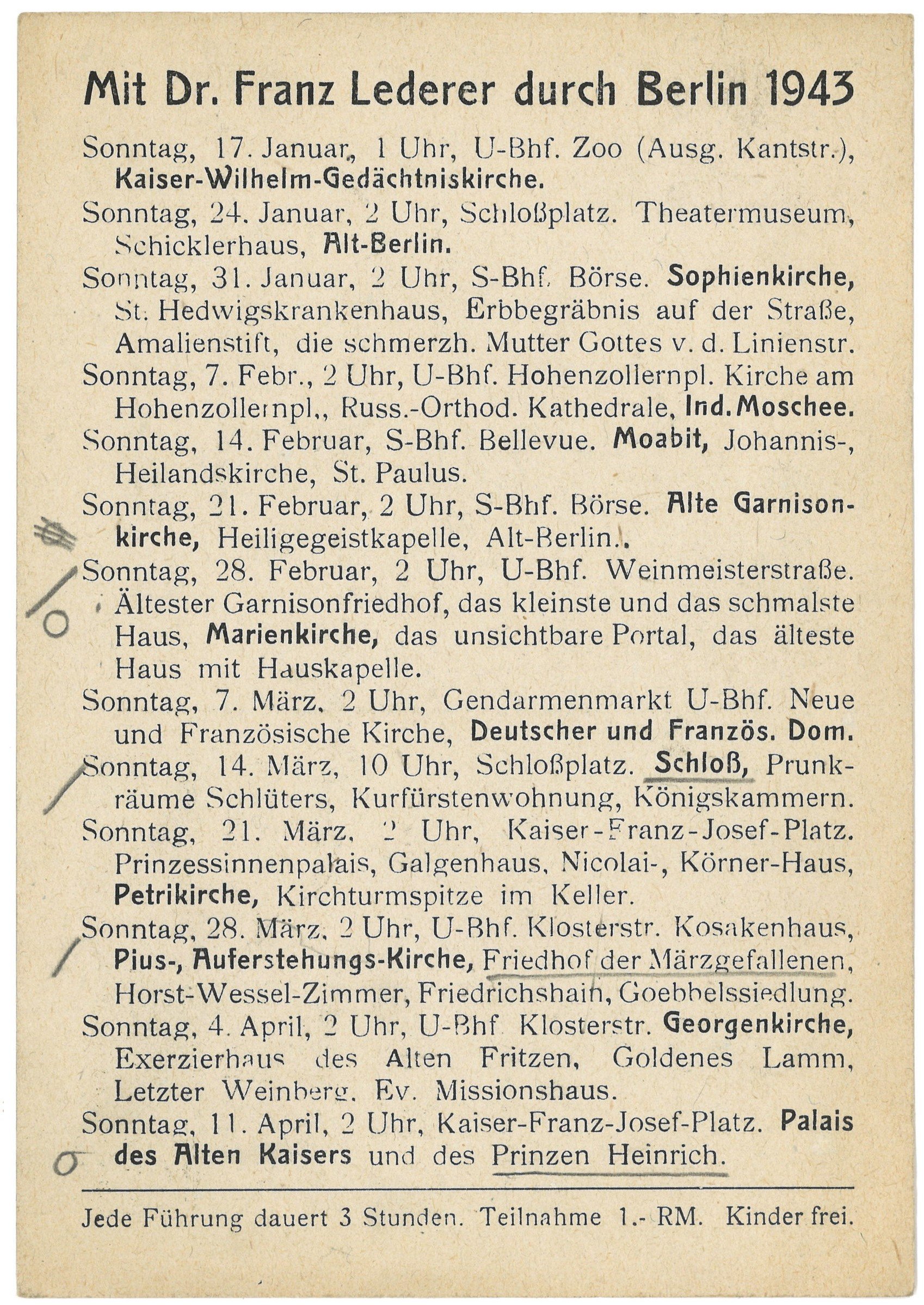 Programm der Berlin-Führungen von Dr. Franz Lederer für Januar bis April 1943 (Landesgeschichtliche Vereinigung für die Mark Brandenburg e.V., Archiv CC BY)