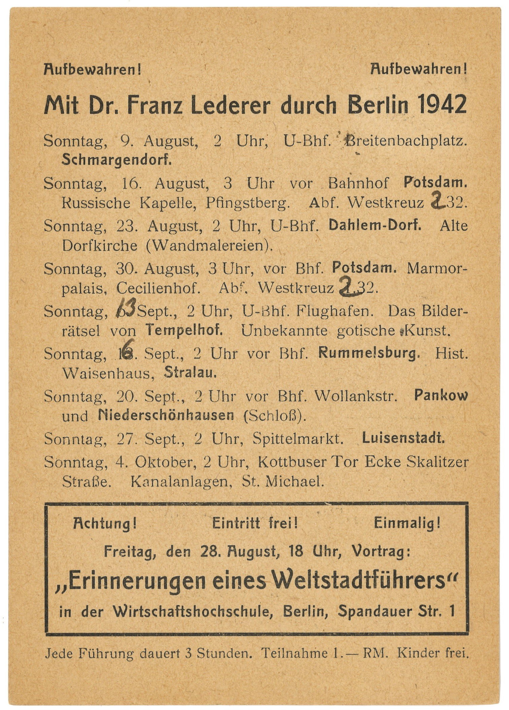 Programm der Berlin-Führungen von Dr. Franz Lederer für August bis Oktober 1942 (Landesgeschichtliche Vereinigung für die Mark Brandenburg e.V., Archiv CC BY)