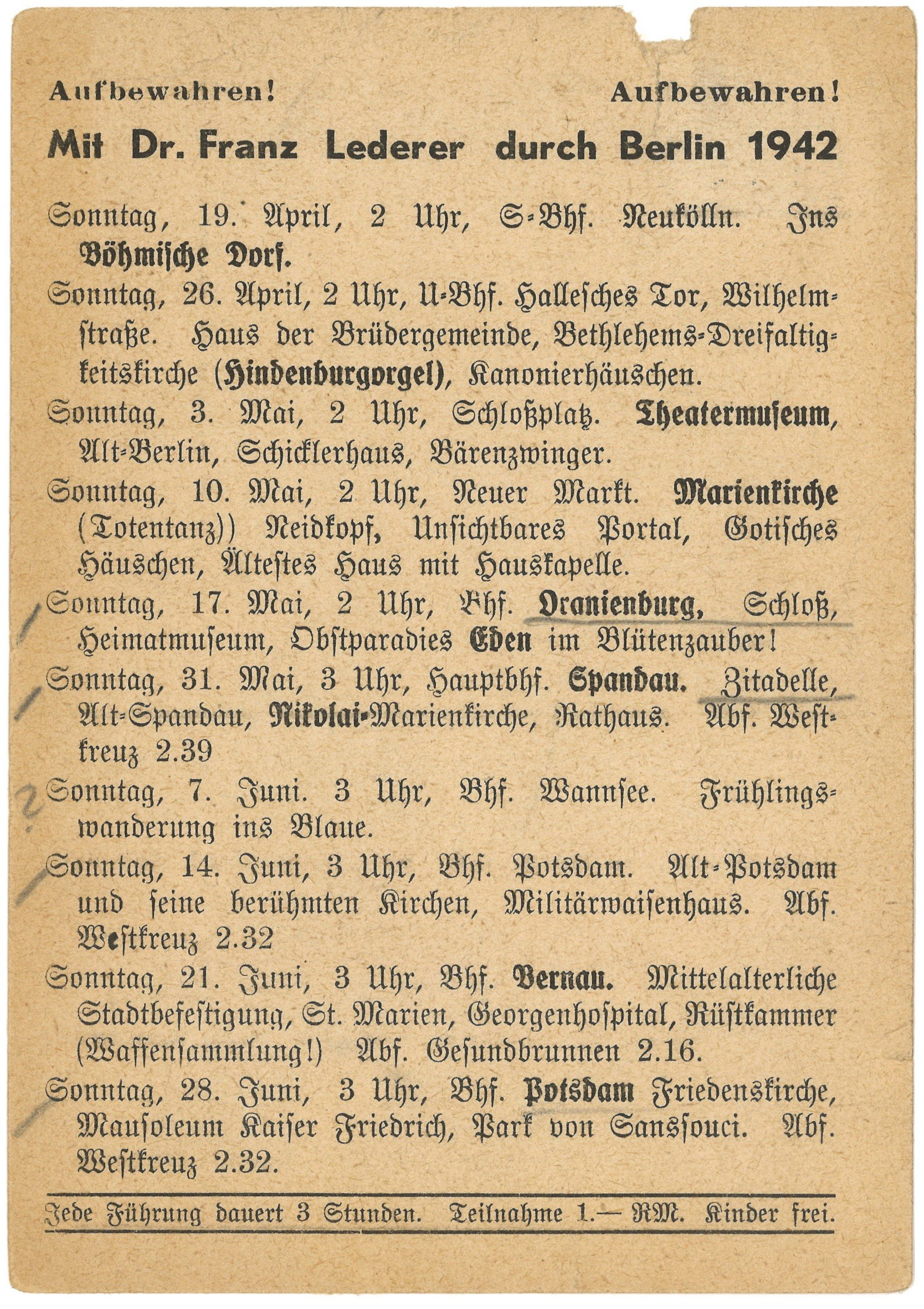 Programm der Berlin-Führungen von Dr. Franz Lederer für April bis Juni 1942 (Landesgeschichtliche Vereinigung für die Mark Brandenburg e.V., Archiv CC BY)