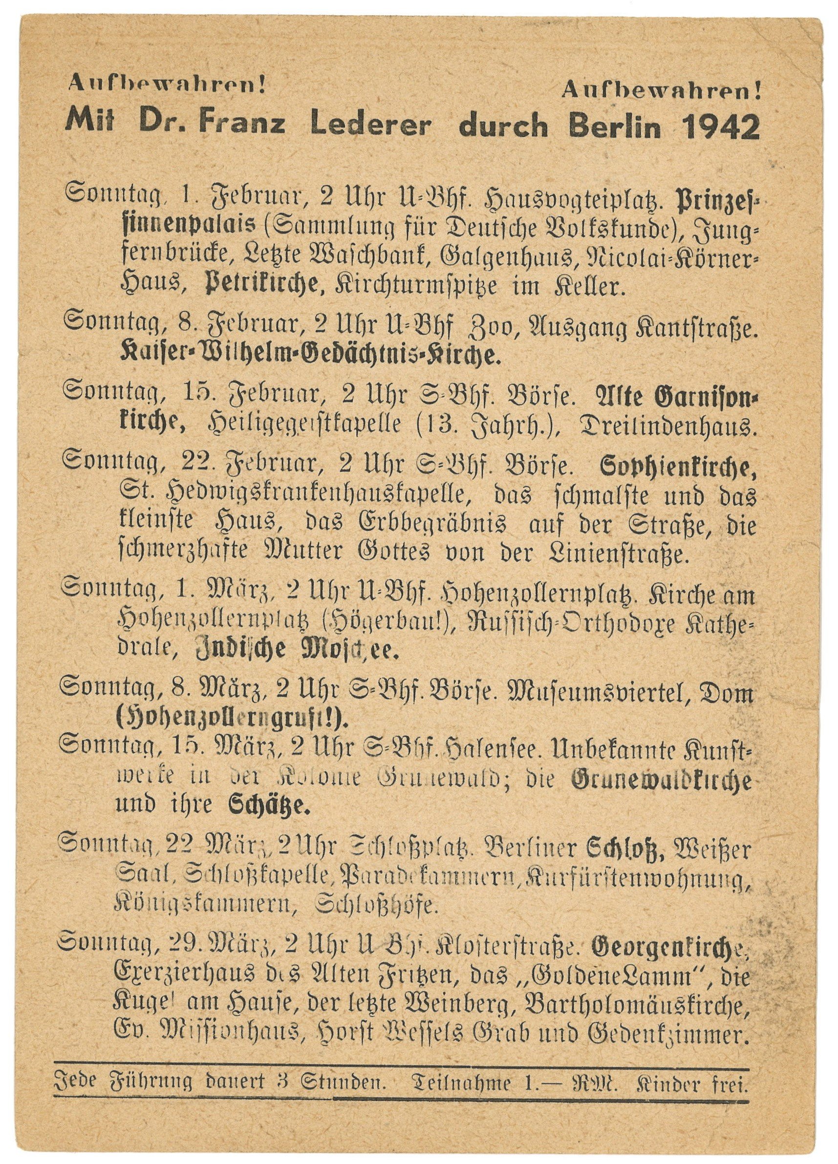 Programm der Berlin-Führungen von Dr. Franz Lederer für Februar bis März 1942 (Landesgeschichtliche Vereinigung für die Mark Brandenburg e.V., Archiv CC BY)