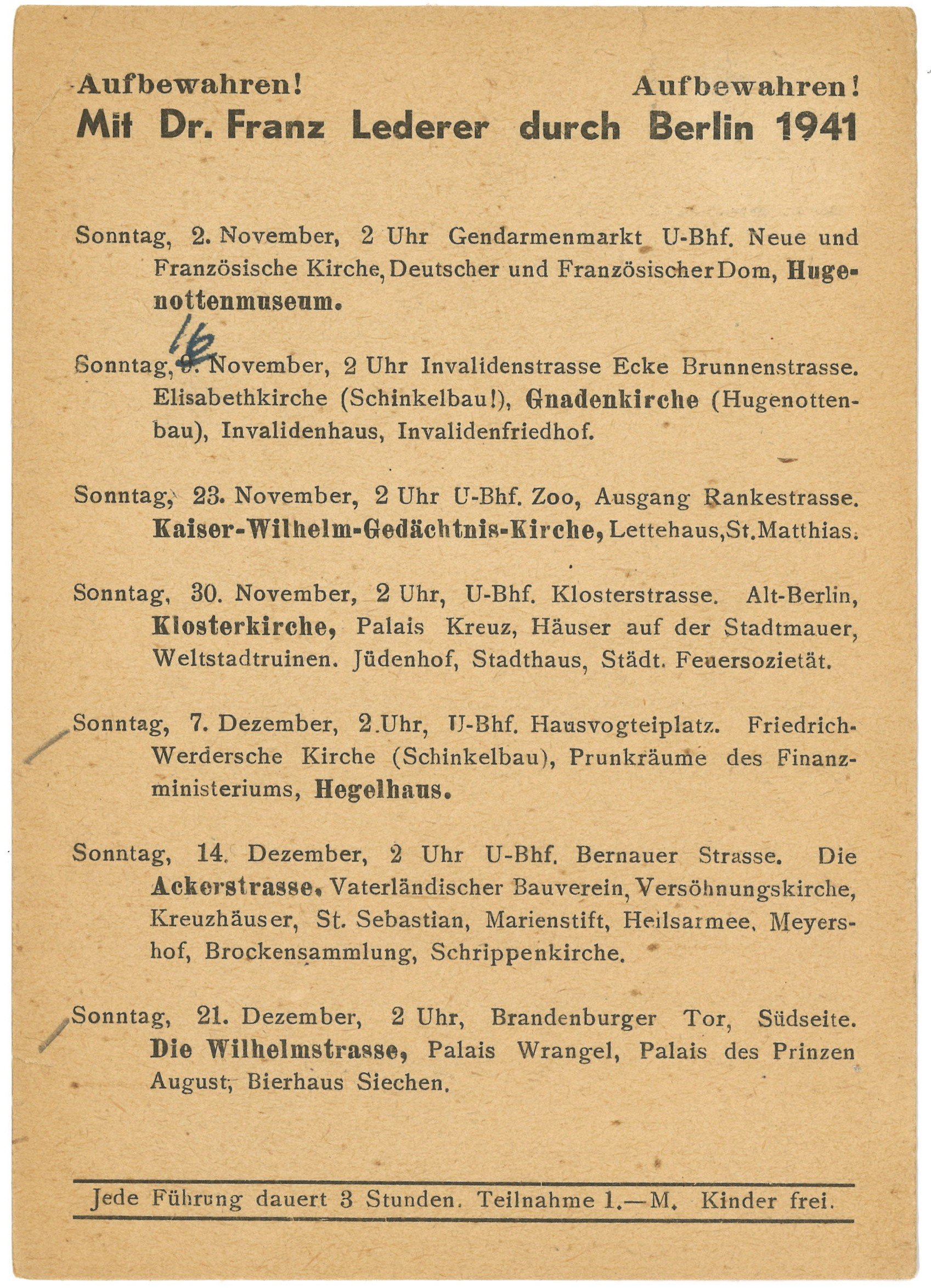 Programm der Berlin-Führungen von Dr. Franz Lederer für November bis Dezember 1941 (Landesgeschichtliche Vereinigung für die Mark Brandenburg e.V., Archiv CC BY)