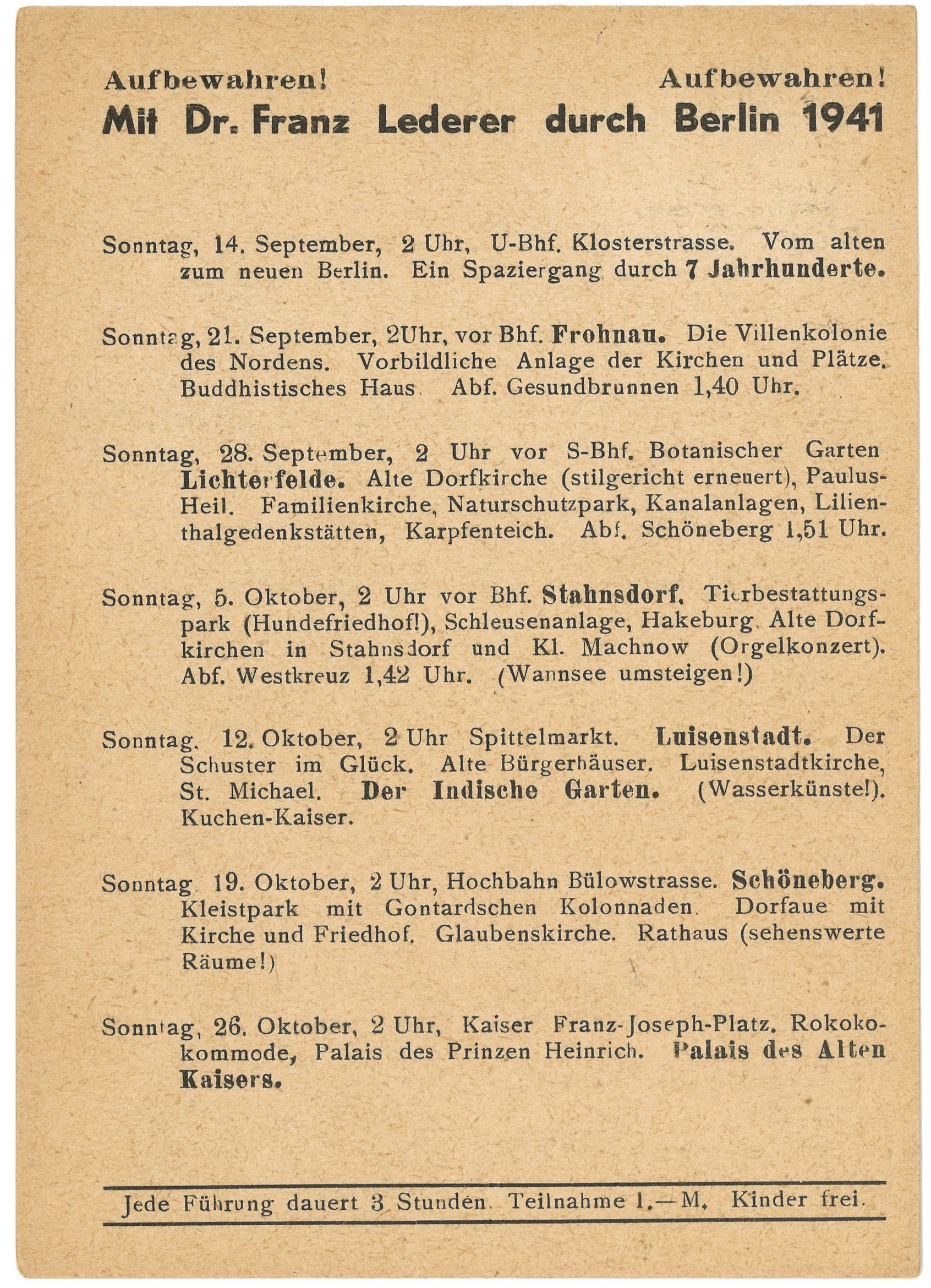 Programm der Berlin-Führungen von Dr. Franz Lederer für September bis Oktober 1941 (Landesgeschichtliche Vereinigung für die Mark Brandenburg e.V., Archiv CC BY)
