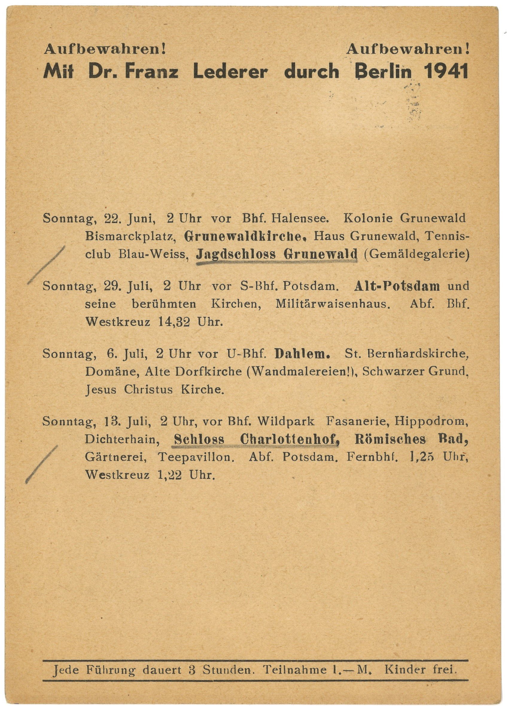 Programm der Berlin-Führungen von Dr. Franz Lederer für Juni bis Juli 1941 (Landesgeschichtliche Vereinigung für die Mark Brandenburg e.V., Archiv CC BY)