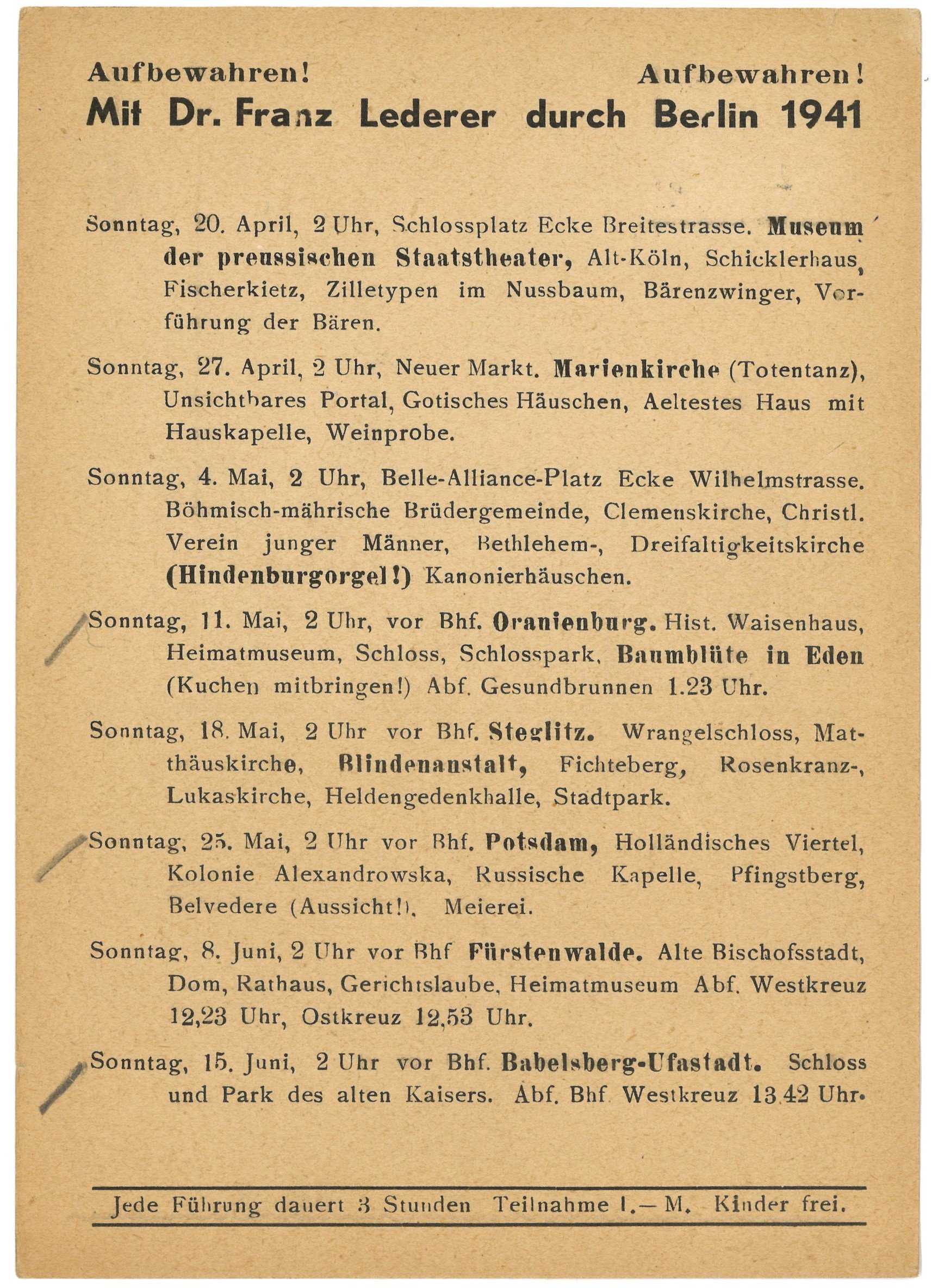 Programm der Berlin-Führungen von Dr. Franz Lederer für April bis Juni 1941 (Landesgeschichtliche Vereinigung für die Mark Brandenburg e.V., Archiv CC BY)