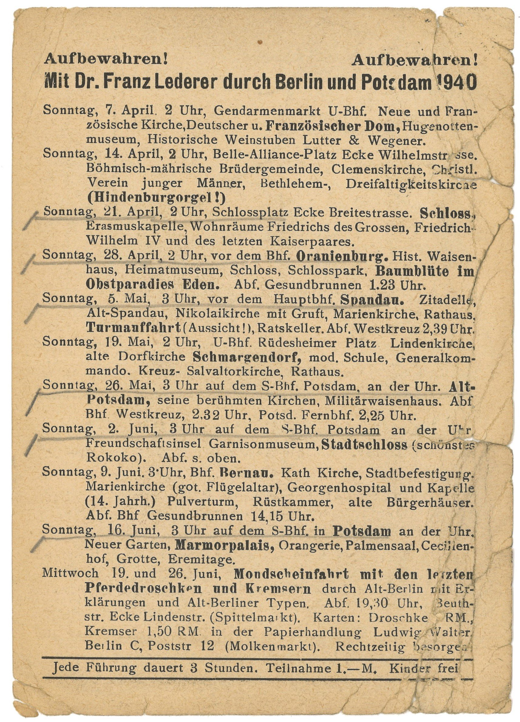 Programm der Berlin- und Potsdam-Führungen von Dr. Franz Lederer für April bis Juni 1940 (Landesgeschichtliche Vereinigung für die Mark Brandenburg e.V., Archiv CC BY)