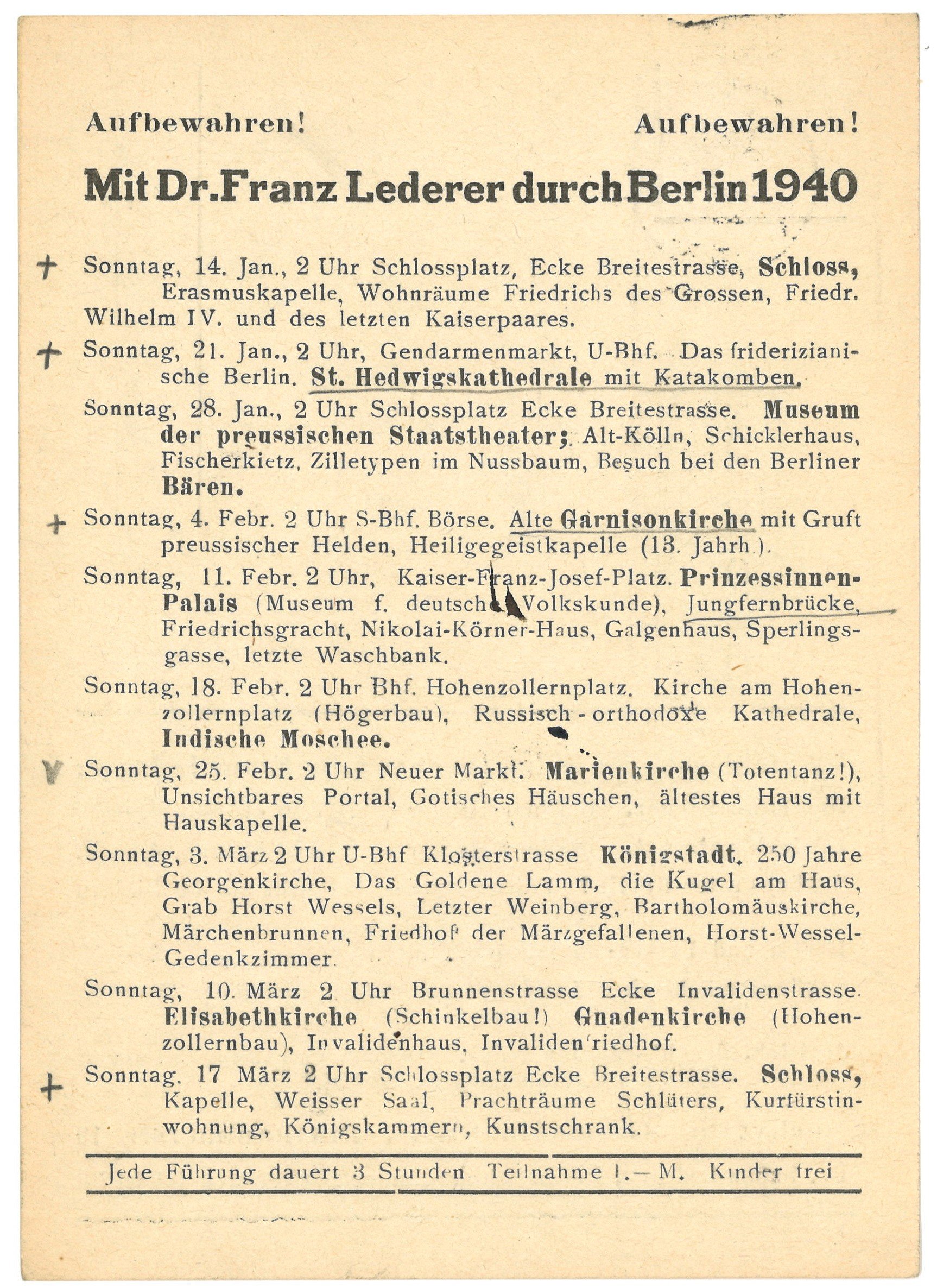Programm der Berlin-Führungen von Dr. Franz Lederer für Januar bis März 1940 (Landesgeschichtliche Vereinigung für die Mark Brandenburg e.V., Archiv CC BY)