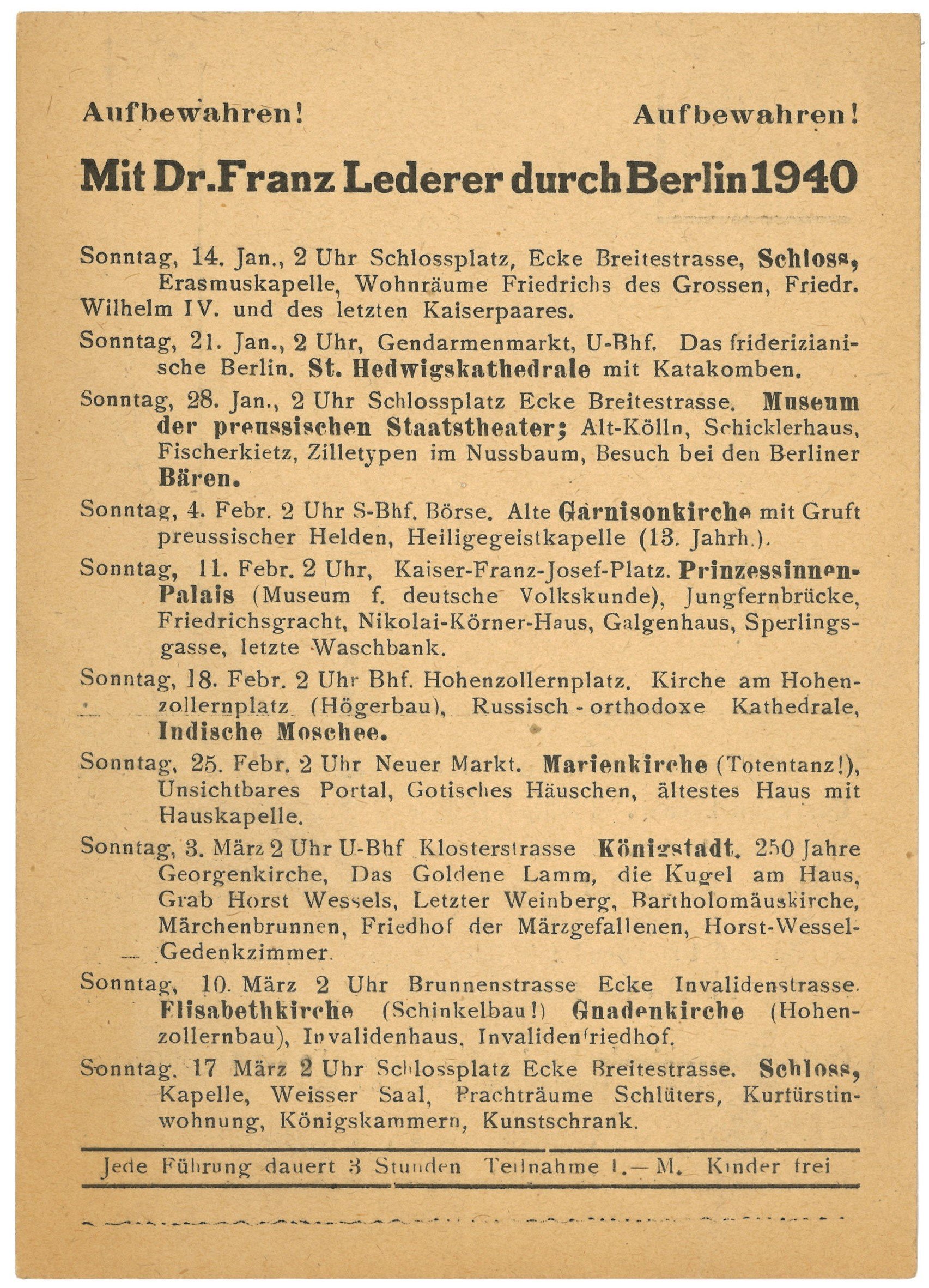 Programm der Berlin-Führungen von Dr. Franz Lederer für Januar bis März 1940 (Landesgeschichtliche Vereinigung für die Mark Brandenburg e.V., Archiv CC BY)