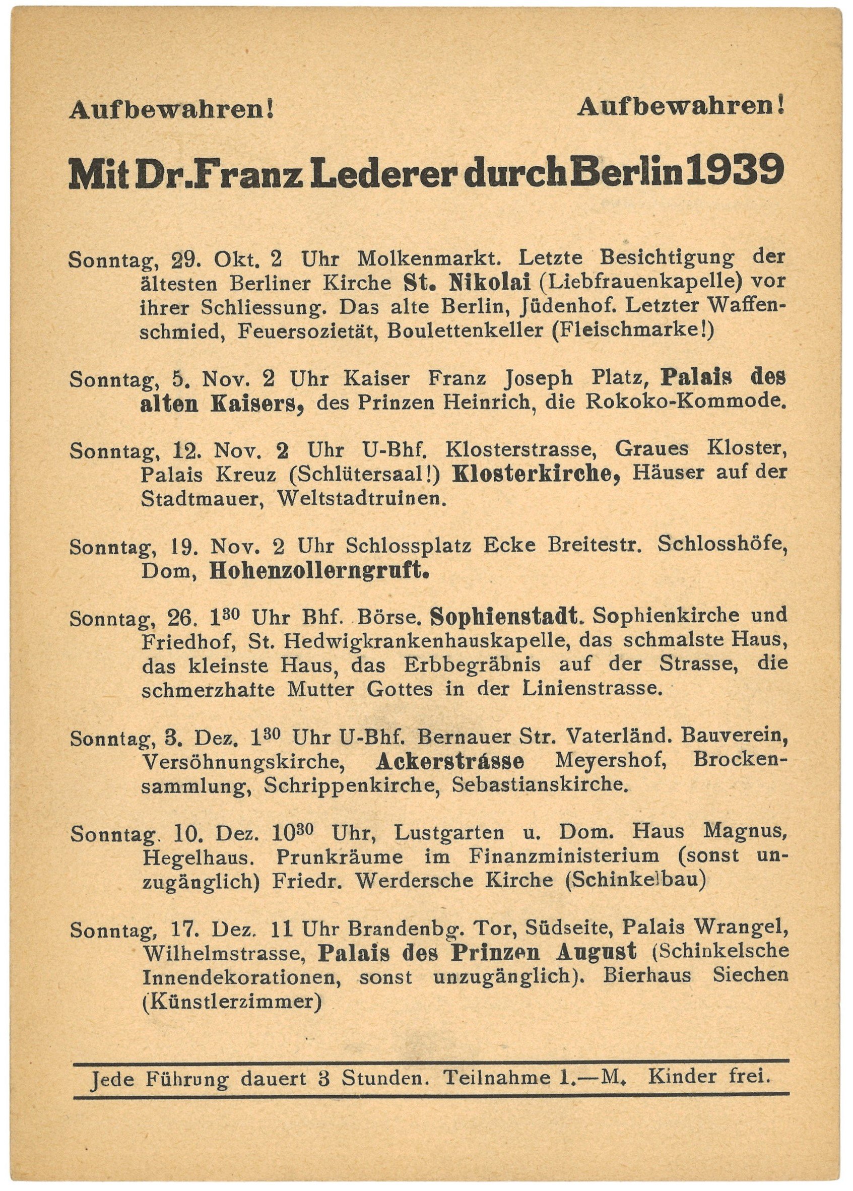 Programm der Berlin-Führungen von Dr. Franz Lederer für Oktober bis Dezember 1939 (Landesgeschichtliche Vereinigung für die Mark Brandenburg e.V., Archiv CC BY)