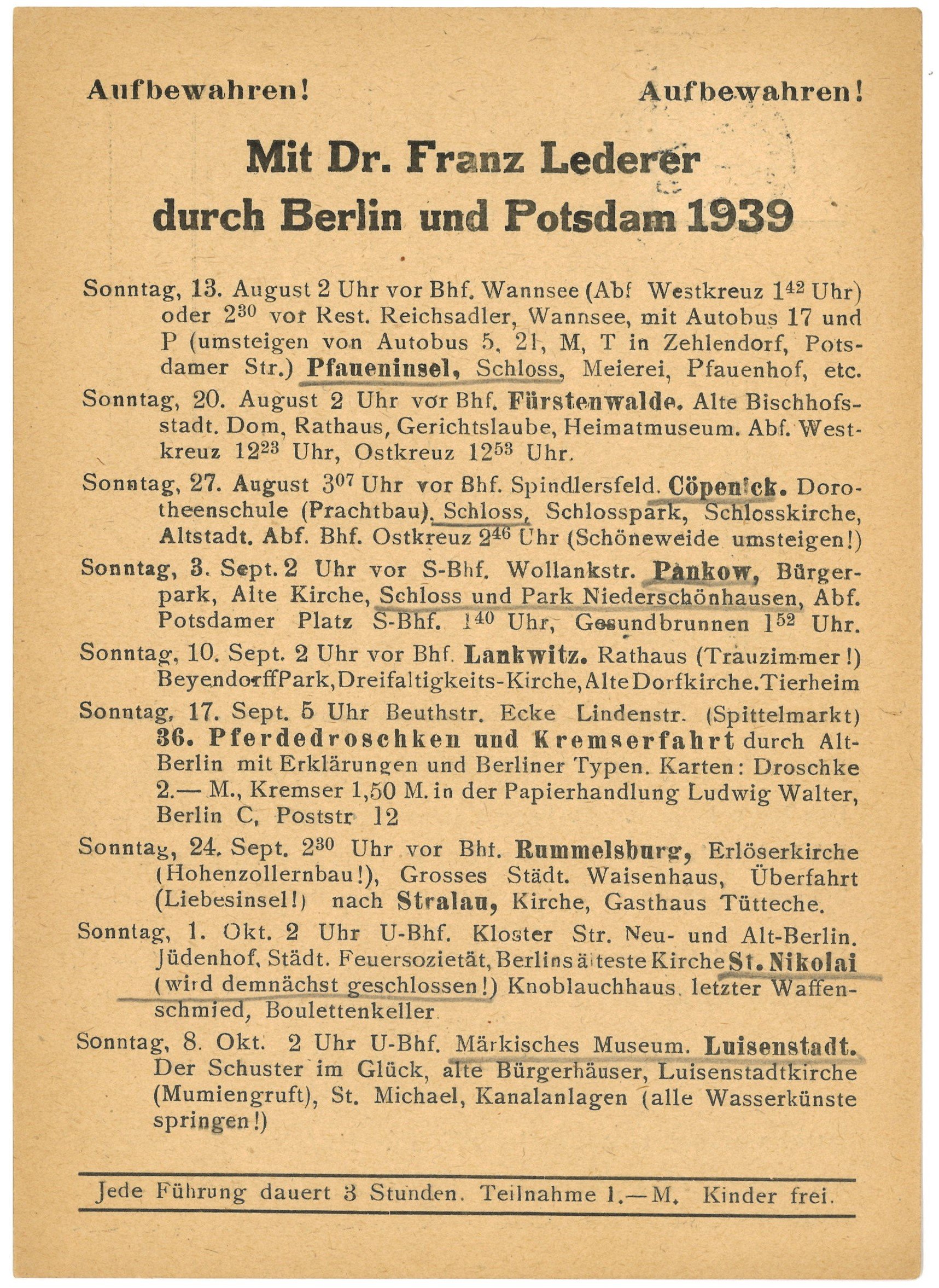 Programm der Berlin- und Potsdam-Führungen von Dr. Franz Lederer für August bis Oktober 1939 (Landesgeschichtliche Vereinigung für die Mark Brandenburg e.V., Archiv CC BY)