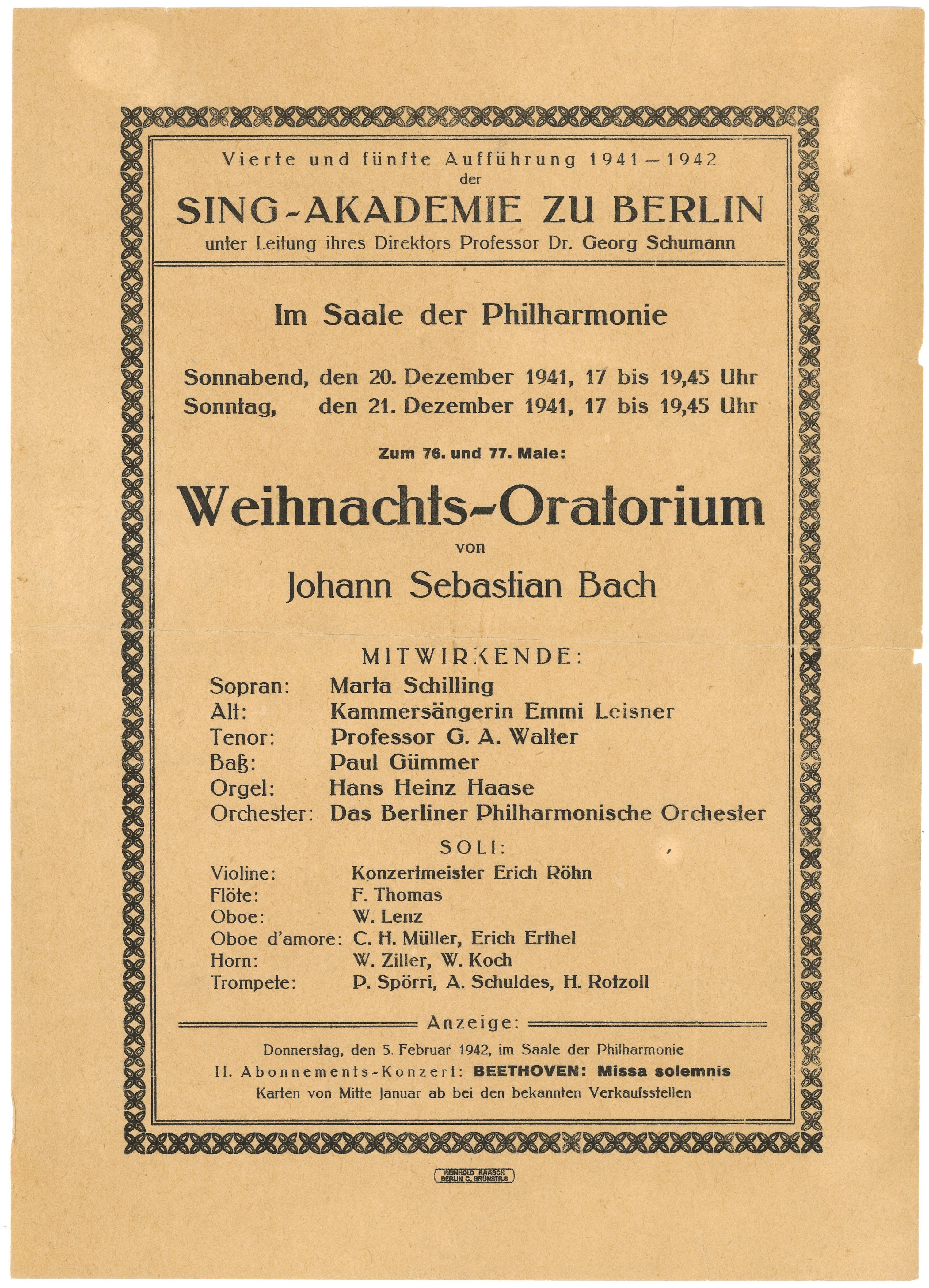 Programm der Sing-Akademie zu Berlin zur Aufführung des Weihnachts-Oratoriums in der Philharmonie 1941 (Landesgeschichtliche Vereinigung für die Mark Brandenburg e.V., Archiv CC BY)
