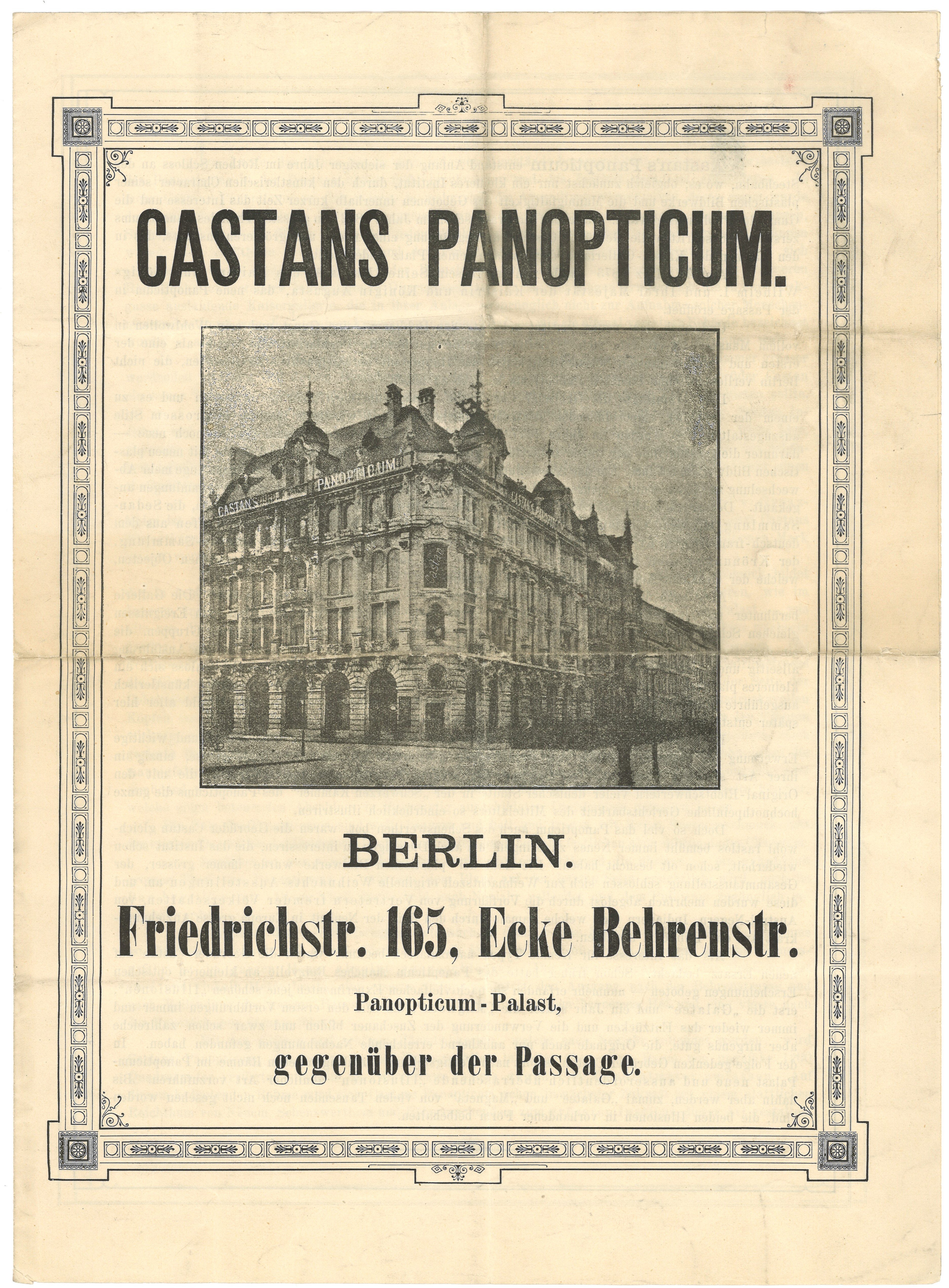 Werbeblatt zur Neueröffnung von Castans Panopticum in Berlin 1888 (Landesgeschichtliche Vereinigung für die Mark Brandenburg e.V., Archiv CC BY)