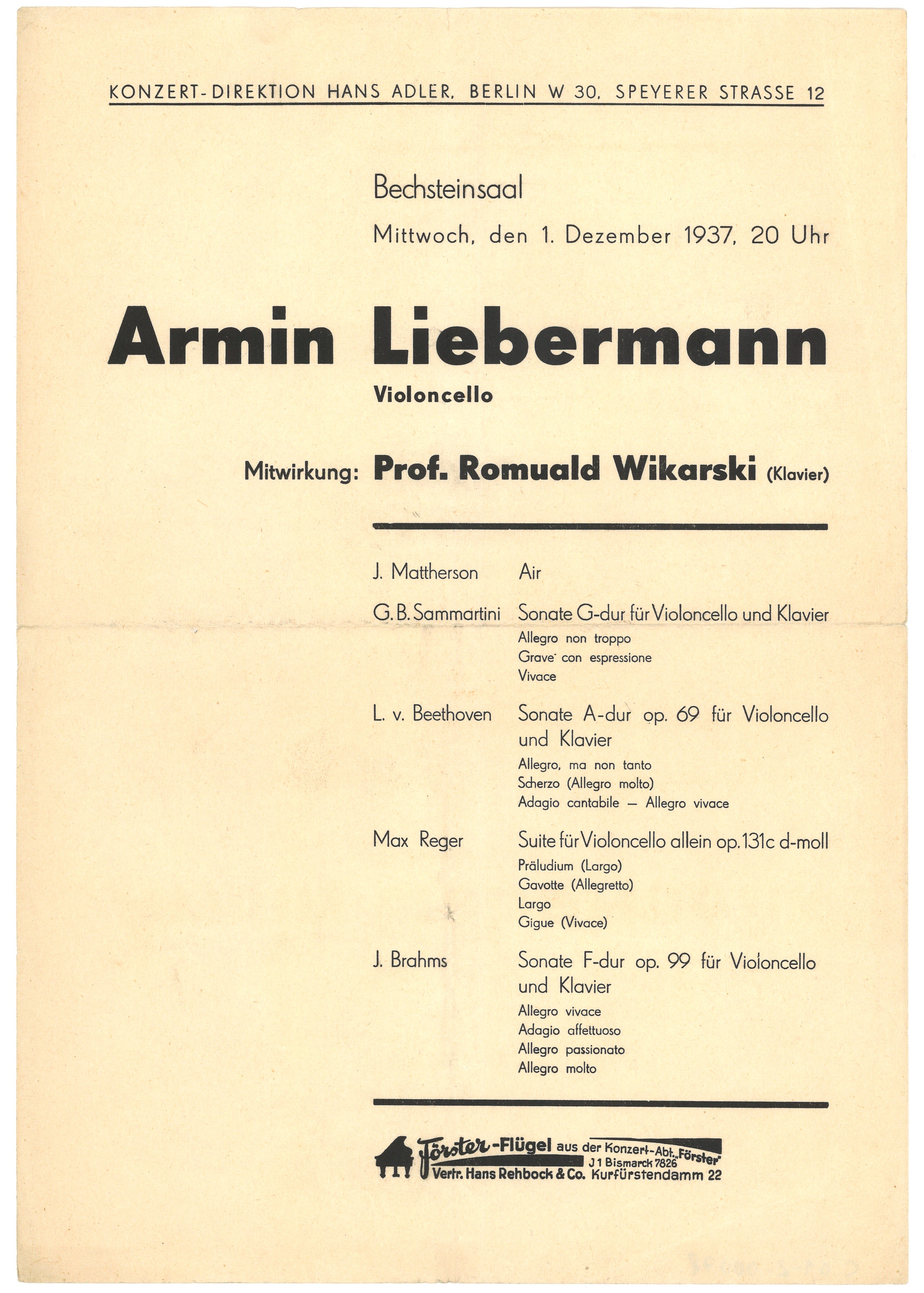 Programm zum Konzert von Armin Liebermann im Bechsteinsaal in Berlin am 1. Dezember 1937 (Landesgeschichtliche Vereinigung für die Mark Brandenburg e.V., Archiv CC BY)
