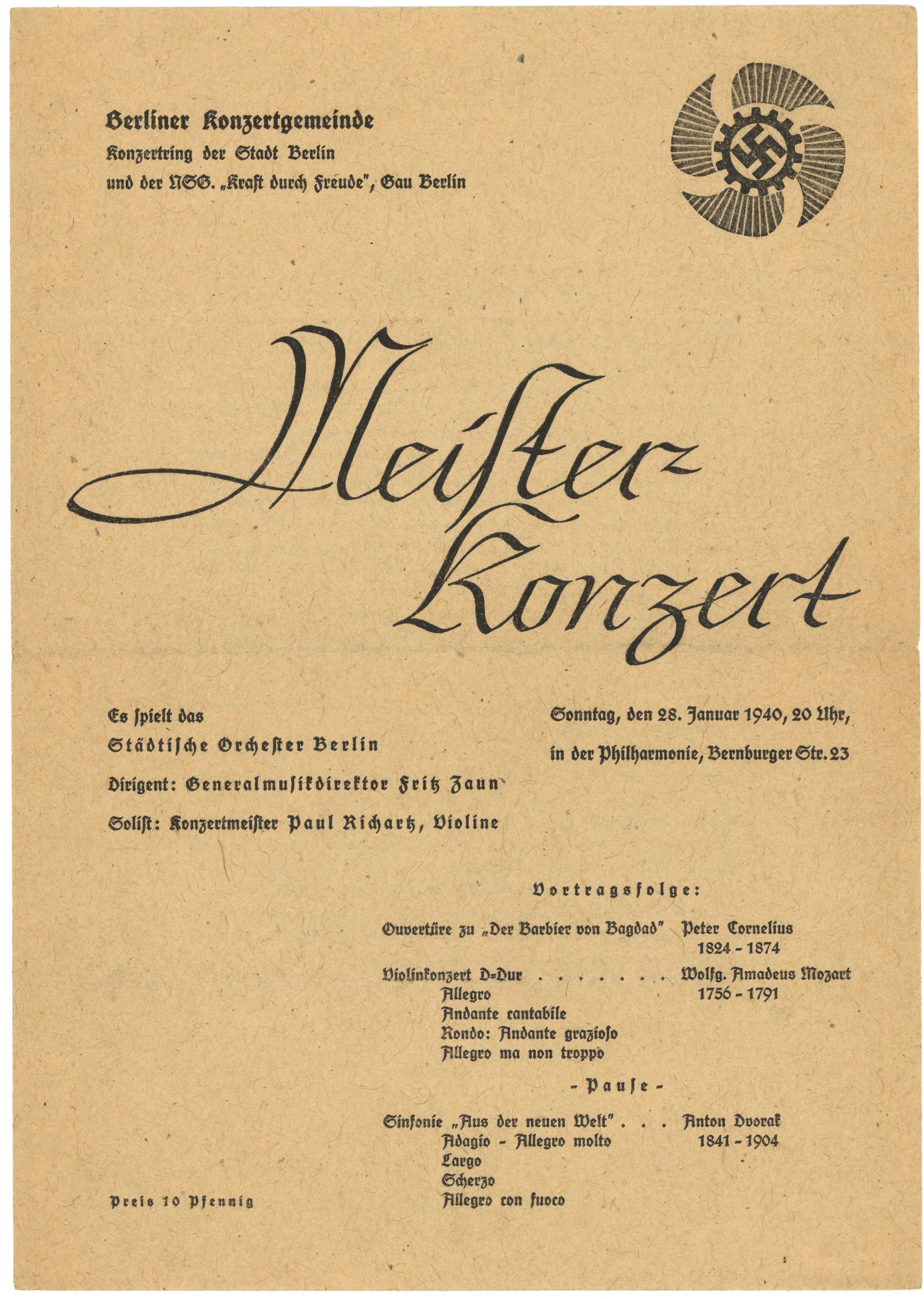 Programm zum "Meister-Konzert" der Berliner Konzertgemeinde in der Philharmonie am 28. Januar 1940 (Landesgeschichtliche Vereinigung für die Mark Brandenburg e.V., Archiv CC BY)