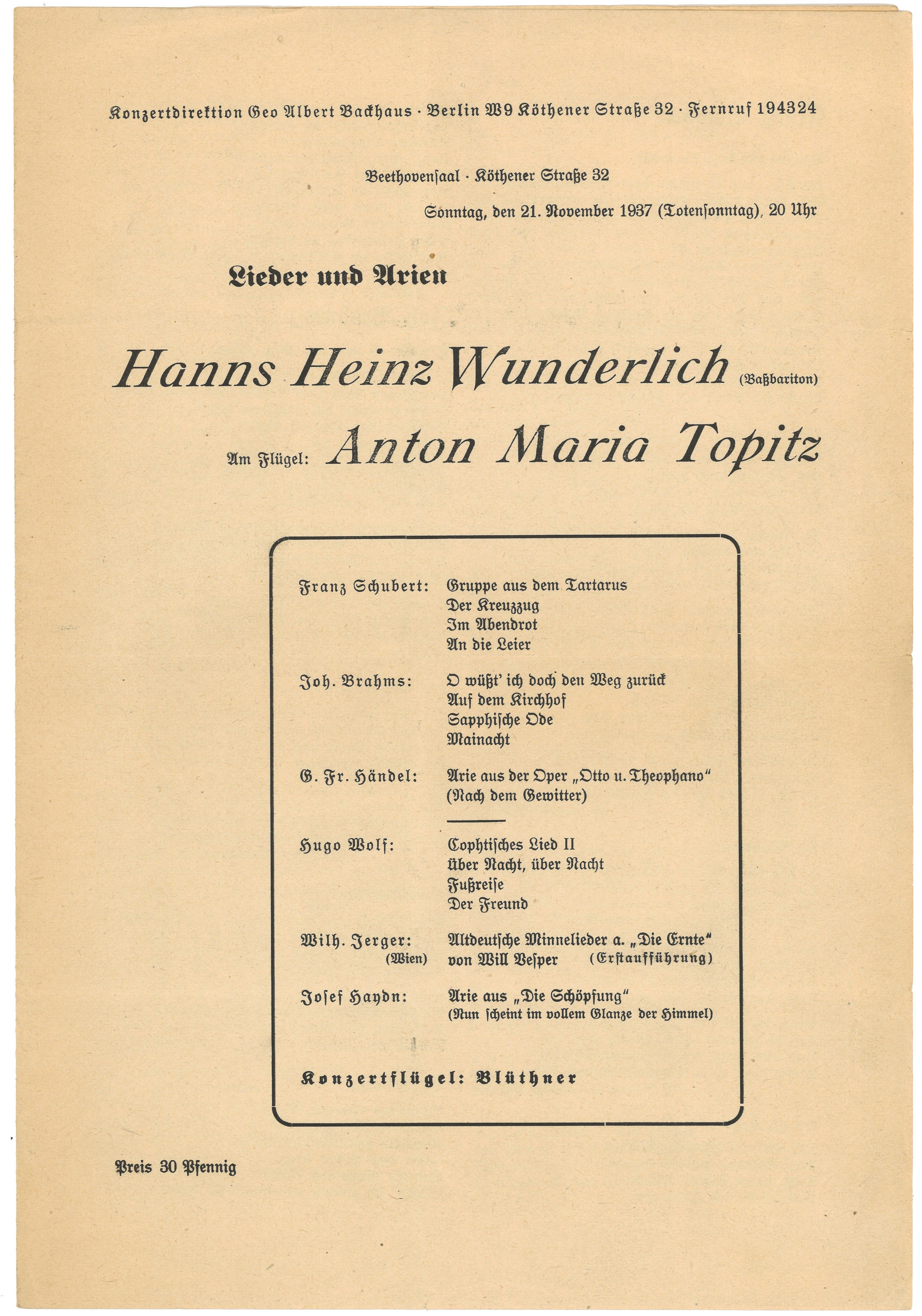 Programm eines Liederabends mit Hanns Heinz Wunderlich und Anton Maria Topitz am 21. November 1937 im Beethovensaal in Berlin (Landesgeschichtliche Vereinigung für die Mark Brandenburg e.V., Archiv CC BY)