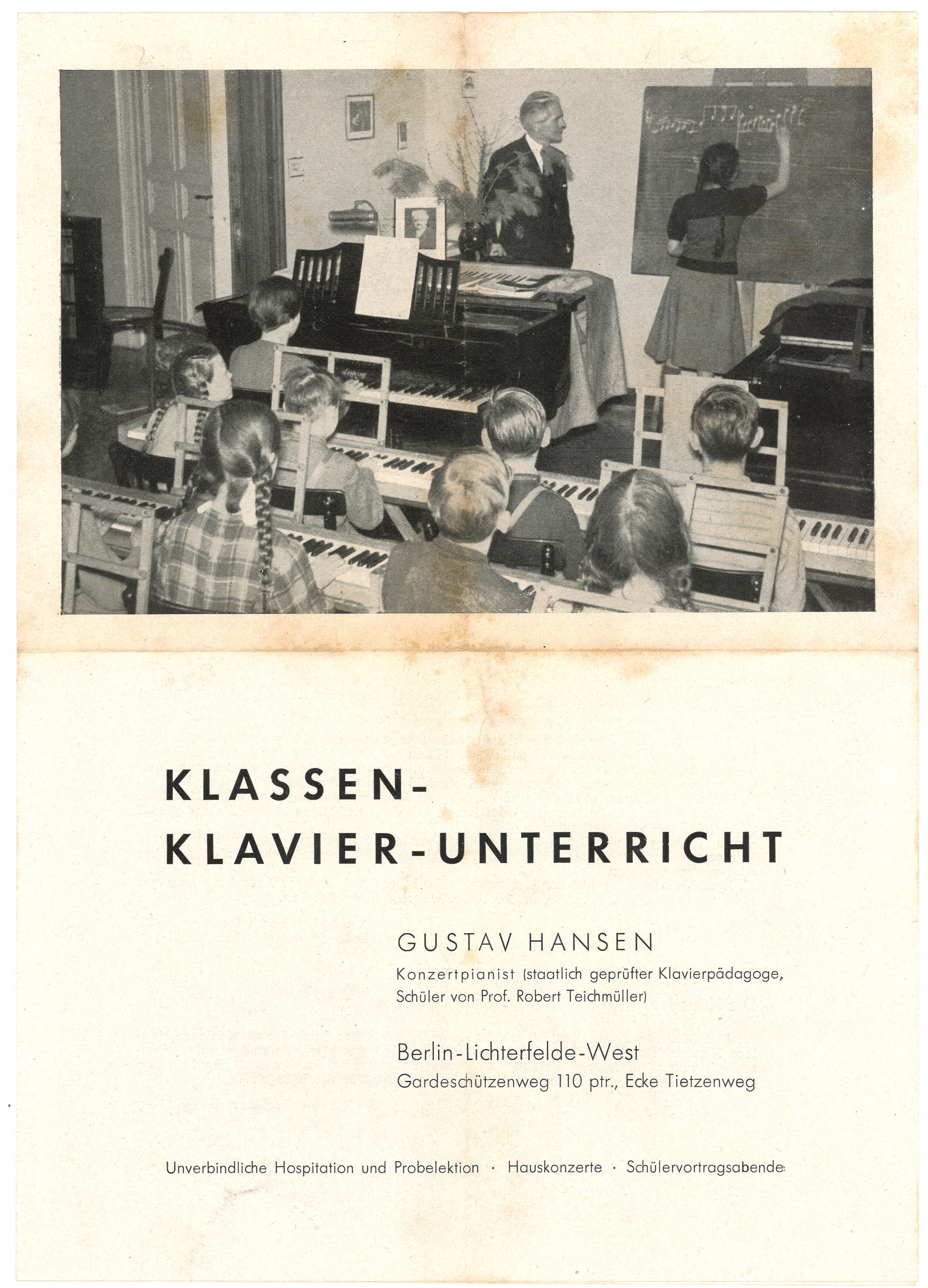 Werbeprospekt von Gustav Hansen fü Klassen-Klavier-Unterricht in Berlin-Lichterfelde (um 1955) (Landesgeschichtliche Vereinigung für die Mark Brandenburg e.V., Archiv CC BY)