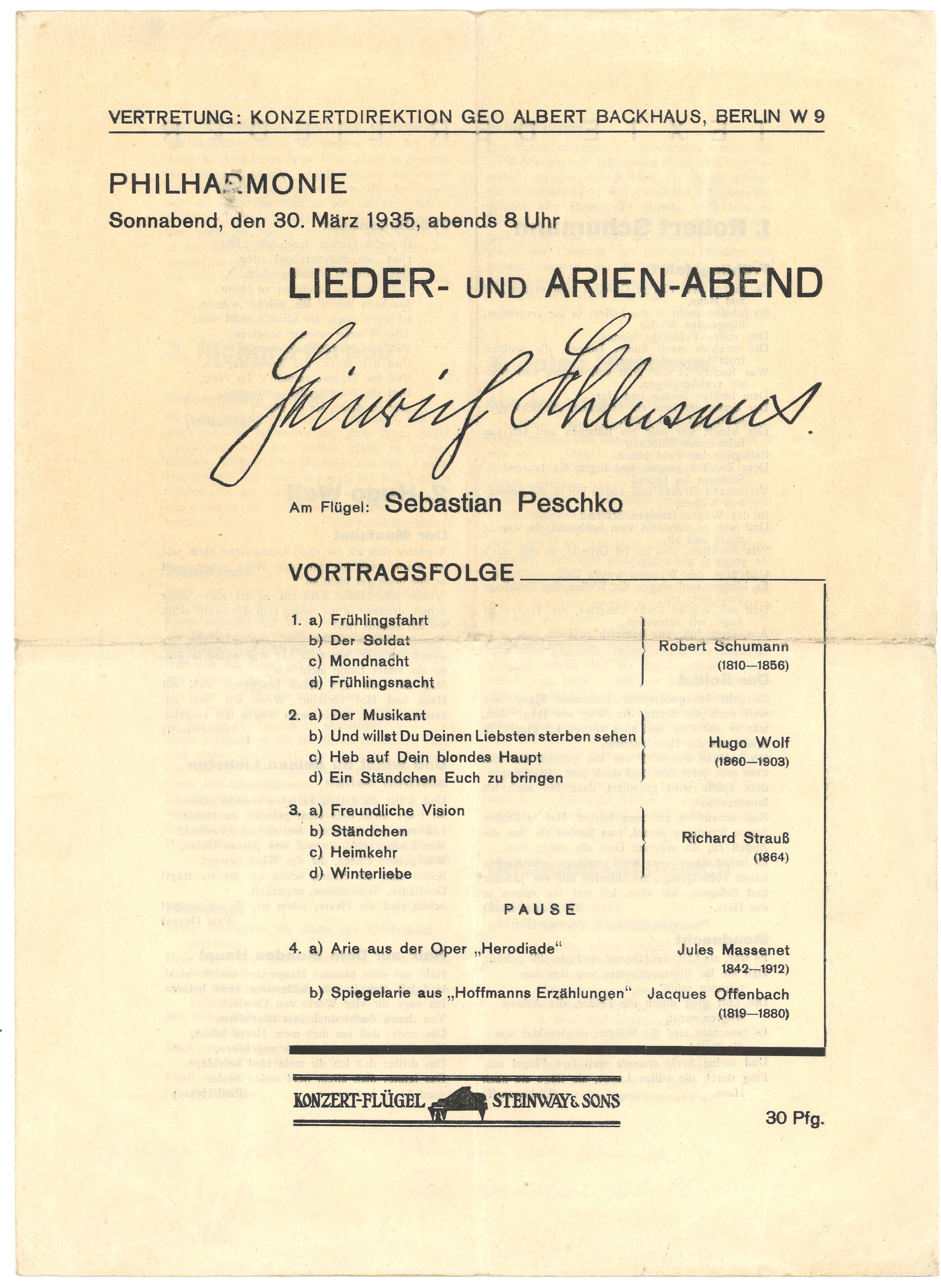 Programm zum Lieder- und Arien-Abend von Heinrich Schlusnus in der Philharmonie in Berlin am 30. März 1935 (Landesgeschichtliche Vereinigung für die Mark Brandenburg e.V., Archiv CC BY)