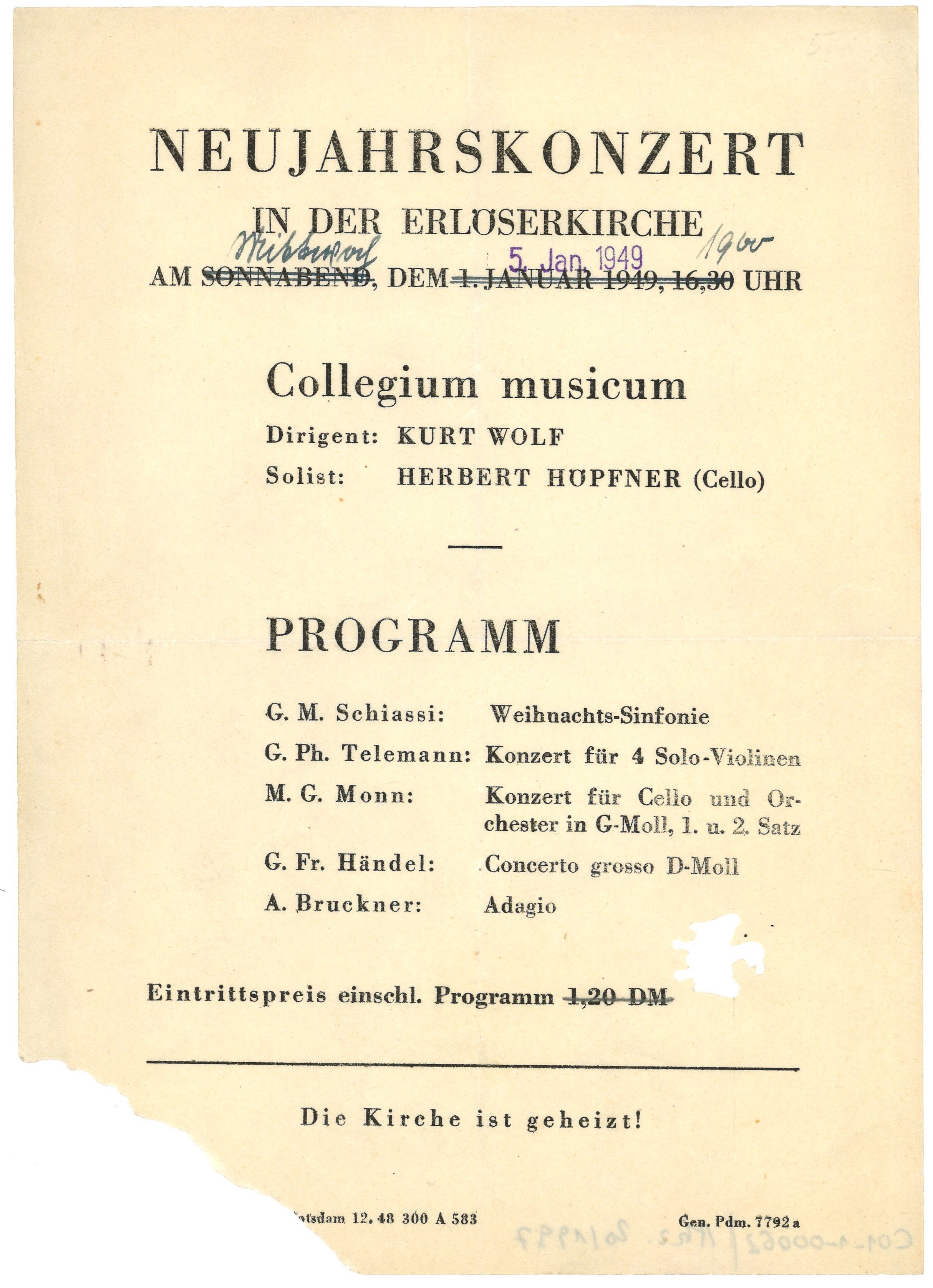 Programm zum Neujahrskonzert in der Erlöserkirche Potsdam am 5. Januar 1949 (Landesgeschichtliche Vereinigung für die Mark Brandenburg e.V., Archiv CC BY)