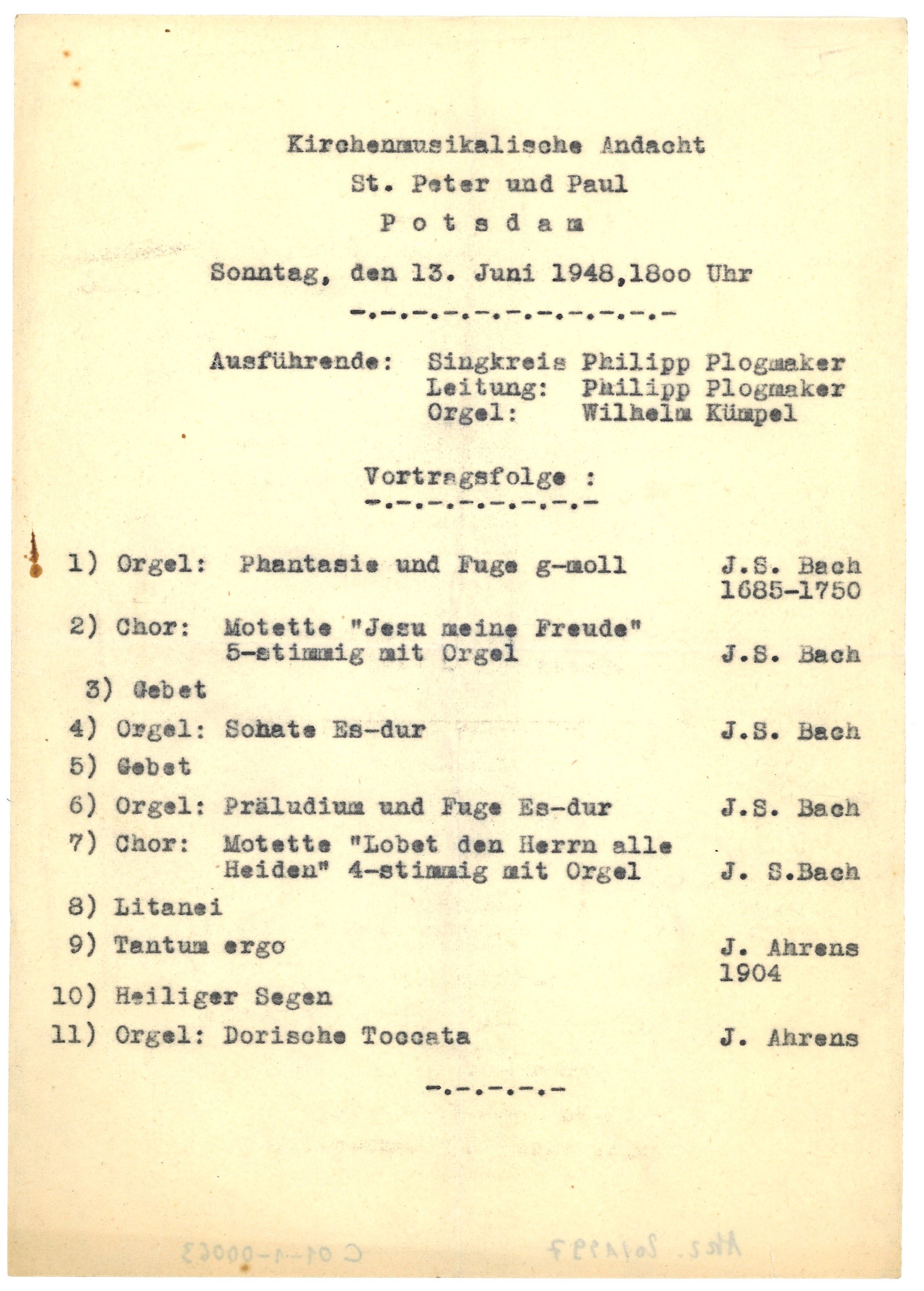 Programm der kirchenmusikalischen Andacht in St. Peter und Paul Potsdam am 13. Juni 1948 (Landesgeschichtliche Vereinigung für die Mark Brandenburg e.V., Archiv CC BY)