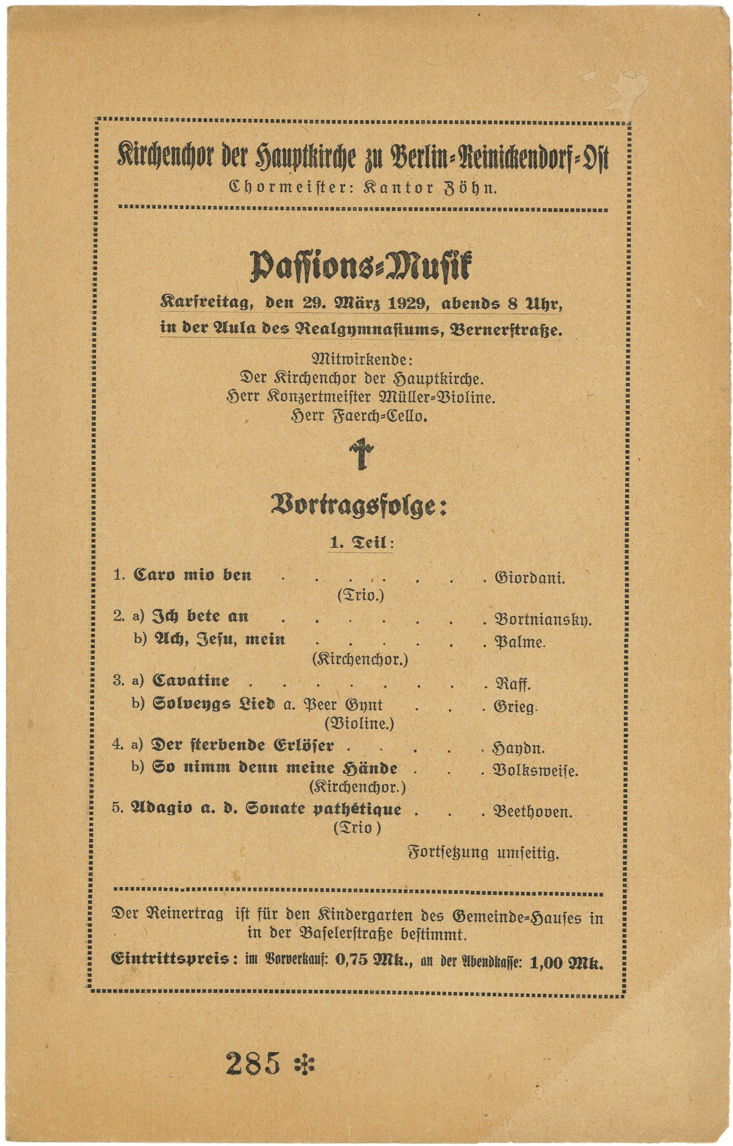 Programm der Passions-Musik in der Aula des Realgymnasums in Berlin-Reinickendorf am 29. März 1929 (Landesgeschichtliche Vereinigung für die Mark Brandenburg e.V., Archiv CC BY)