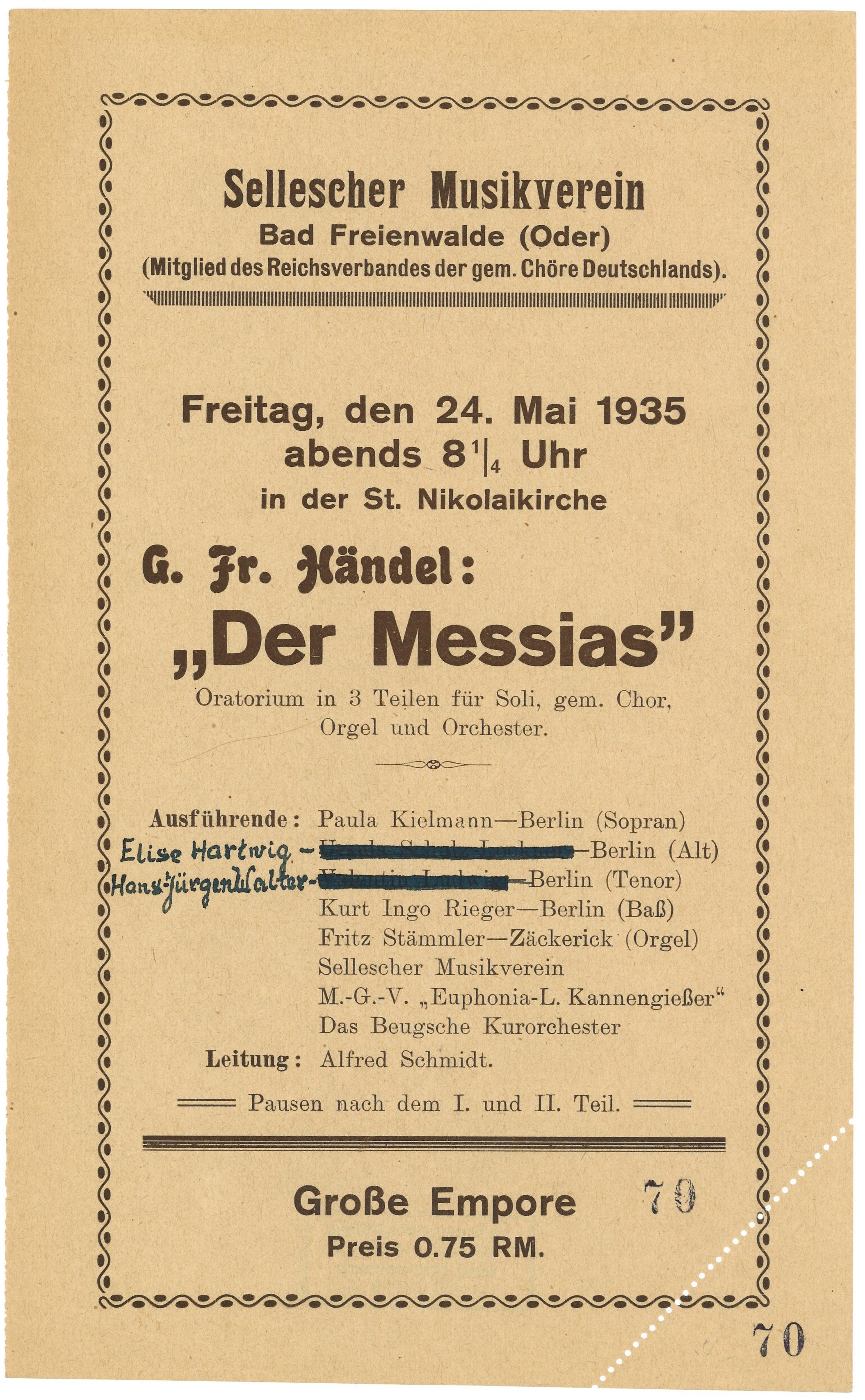 Programm des Selleschen Musikvereins Bad Freienwalde (Oder) für "Der Messias" am 24. Mai 1935 in der Nikolaikirche (Landesgeschichtliche Vereinigung für die Mark Brandenburg e.V., Archiv CC BY)