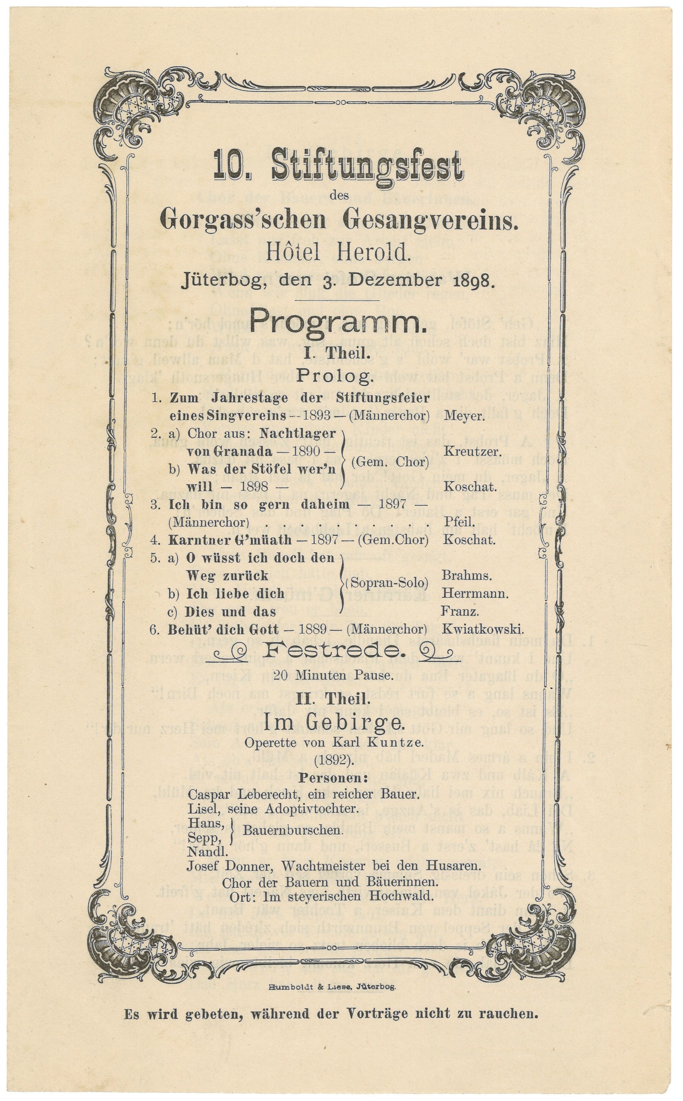 Programm für das 10. Stiftungsfest des Gorgass'schen Gesangvereins in Jüterbog 1898 (Landesgeschichtliche Vereinigung für die Mark Brandenburg e.V., Archiv CC BY)