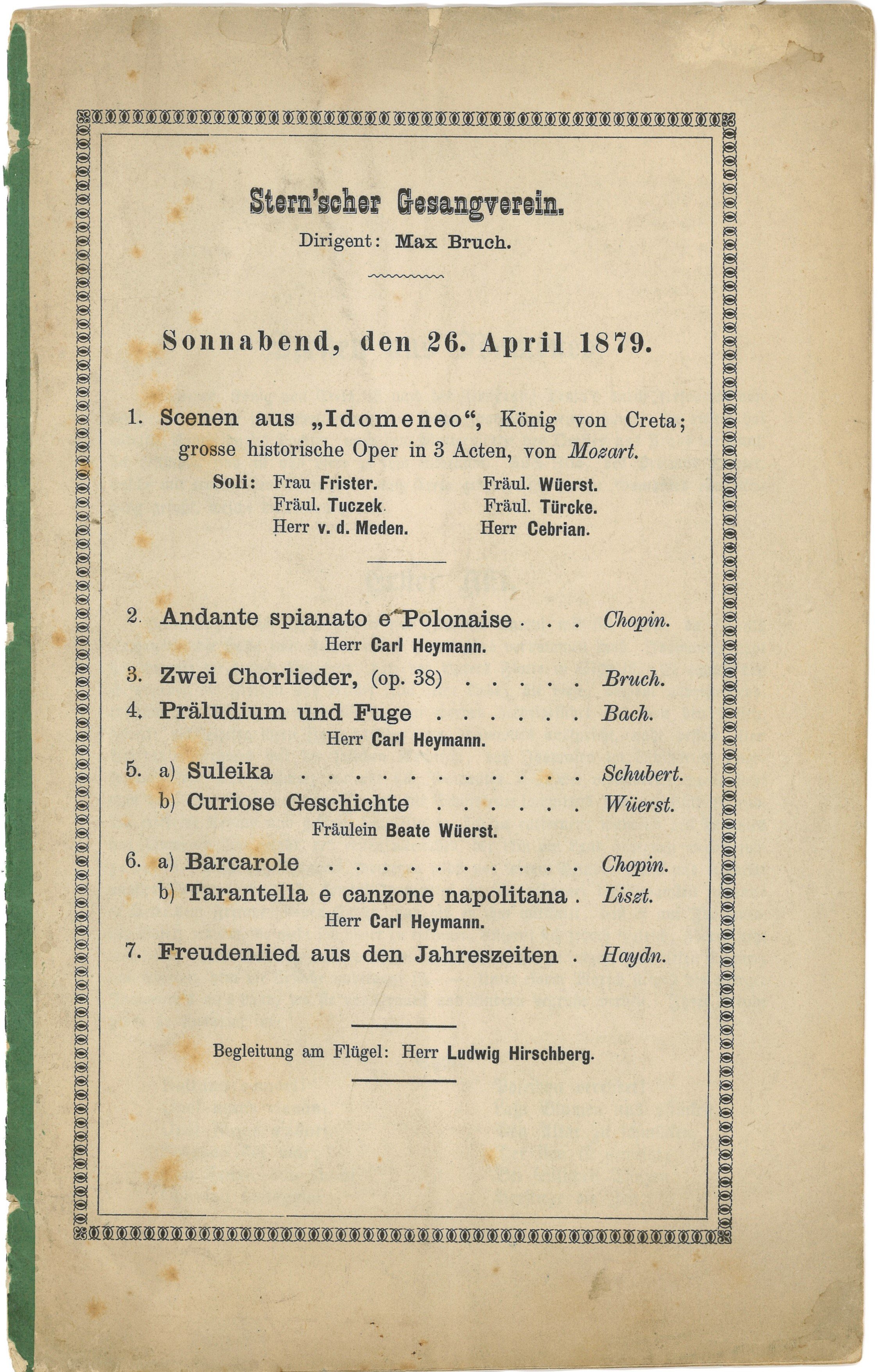 Programm zum Konzert des Stern'schen Gesangvereins in Berlin am 26. April 1879 (Landesgeschichtliche Vereinigung für die Mark Brandenburg e.V., Archiv CC BY)