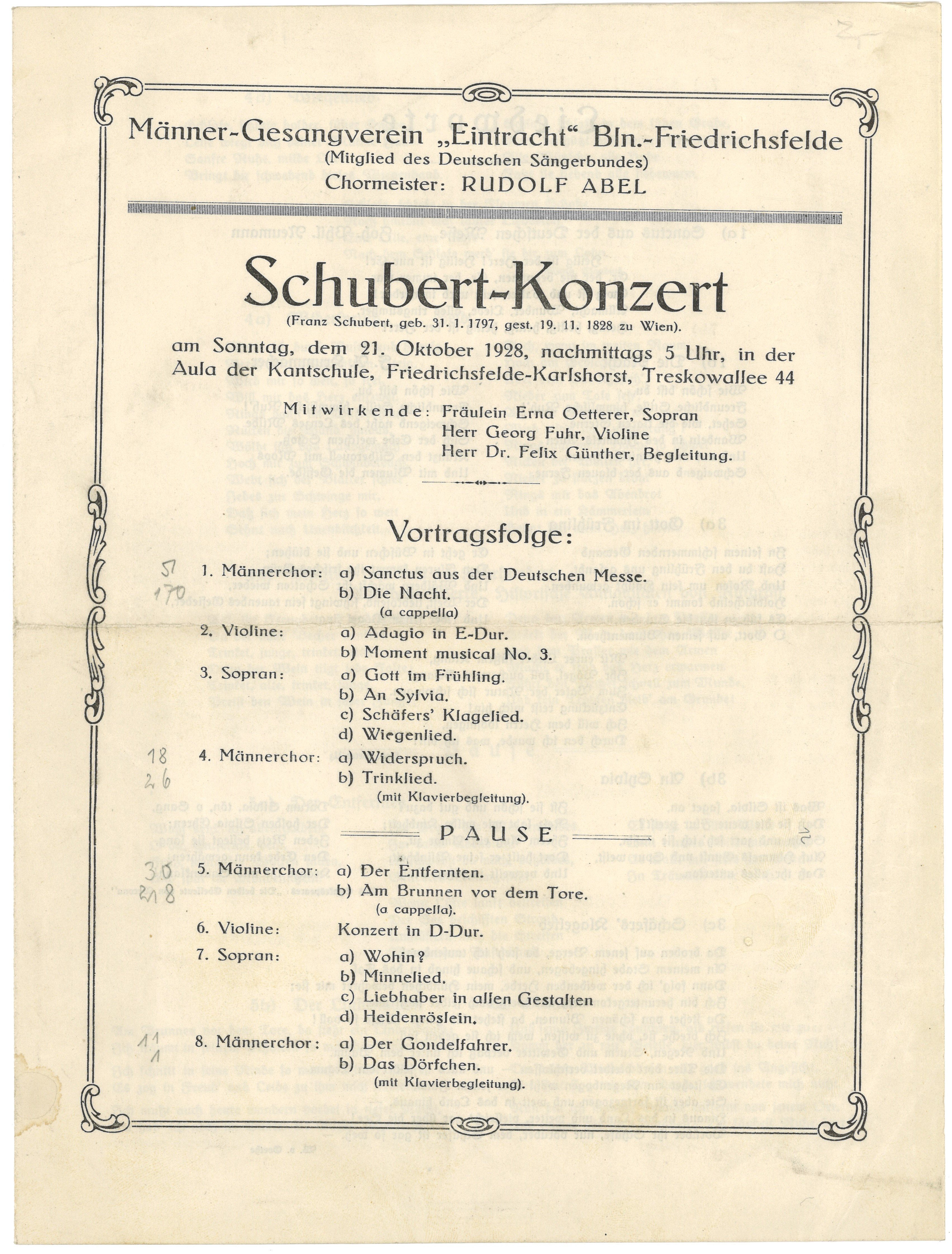 Programm zum Schubert-Konzert des Männer-Gesangvereins "Eintracht" Berlin-Friedrichsfelde in der Kantschule in Karlshorst am 21. Oktober 1928 (Landesgeschichtliche Vereinigung für die Mark Brandenburg e.V., Archiv CC BY)