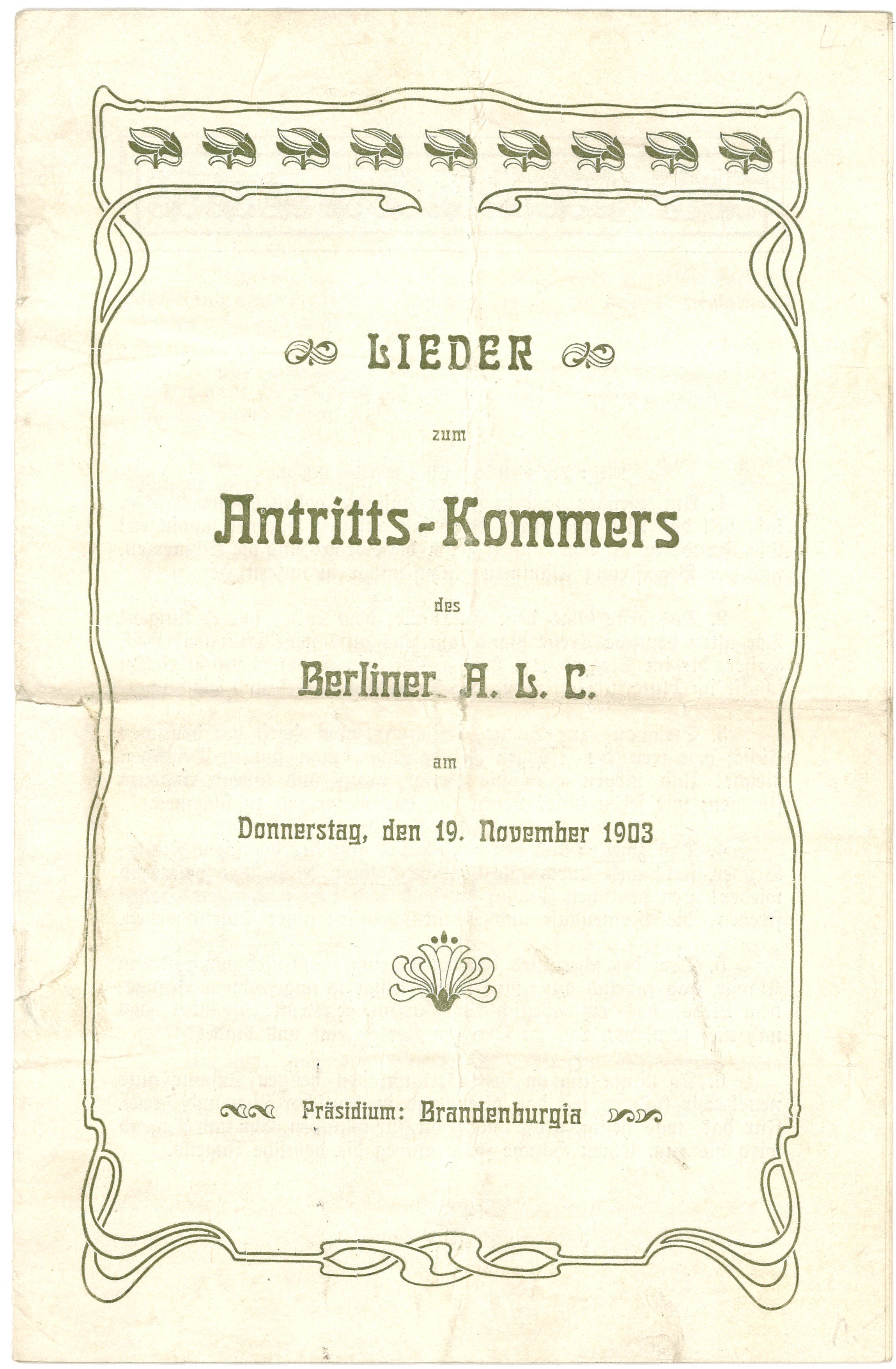 Lieder-Textheft zum Antritts-Kommers des Berliner A. L. C. am 19. November 1903 (Landesgeschichtliche Vereinigung für die Mark Brandenburg e.V., Archiv CC BY)