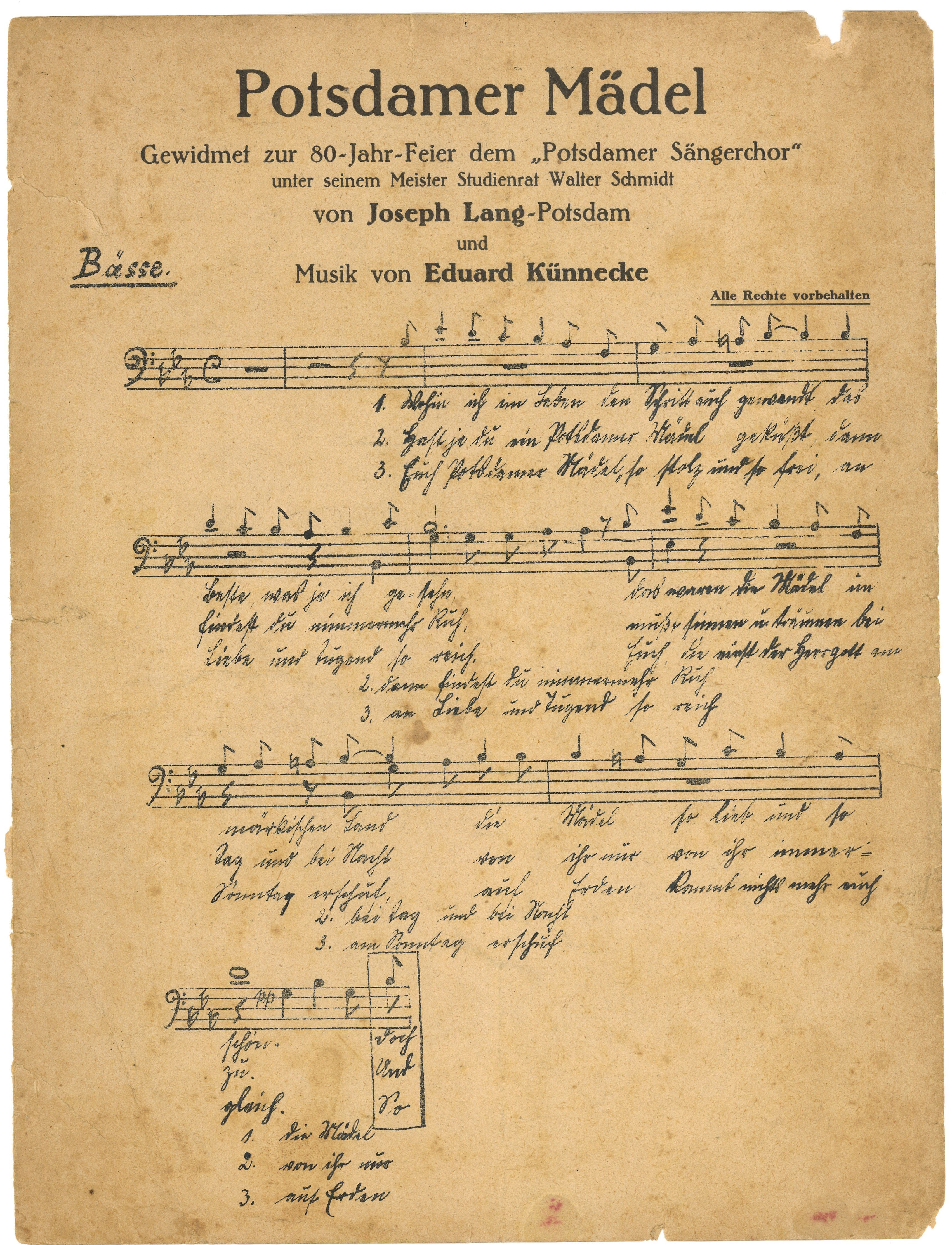 Notenblatt zum Lied "Potsdamer Mädel" für die 80-Jahr-Feier des Potsdamer Sängerchors 1928 (Landesgeschichtliche Vereinigung für die Mark Brandenburg e.V., Archiv CC BY)