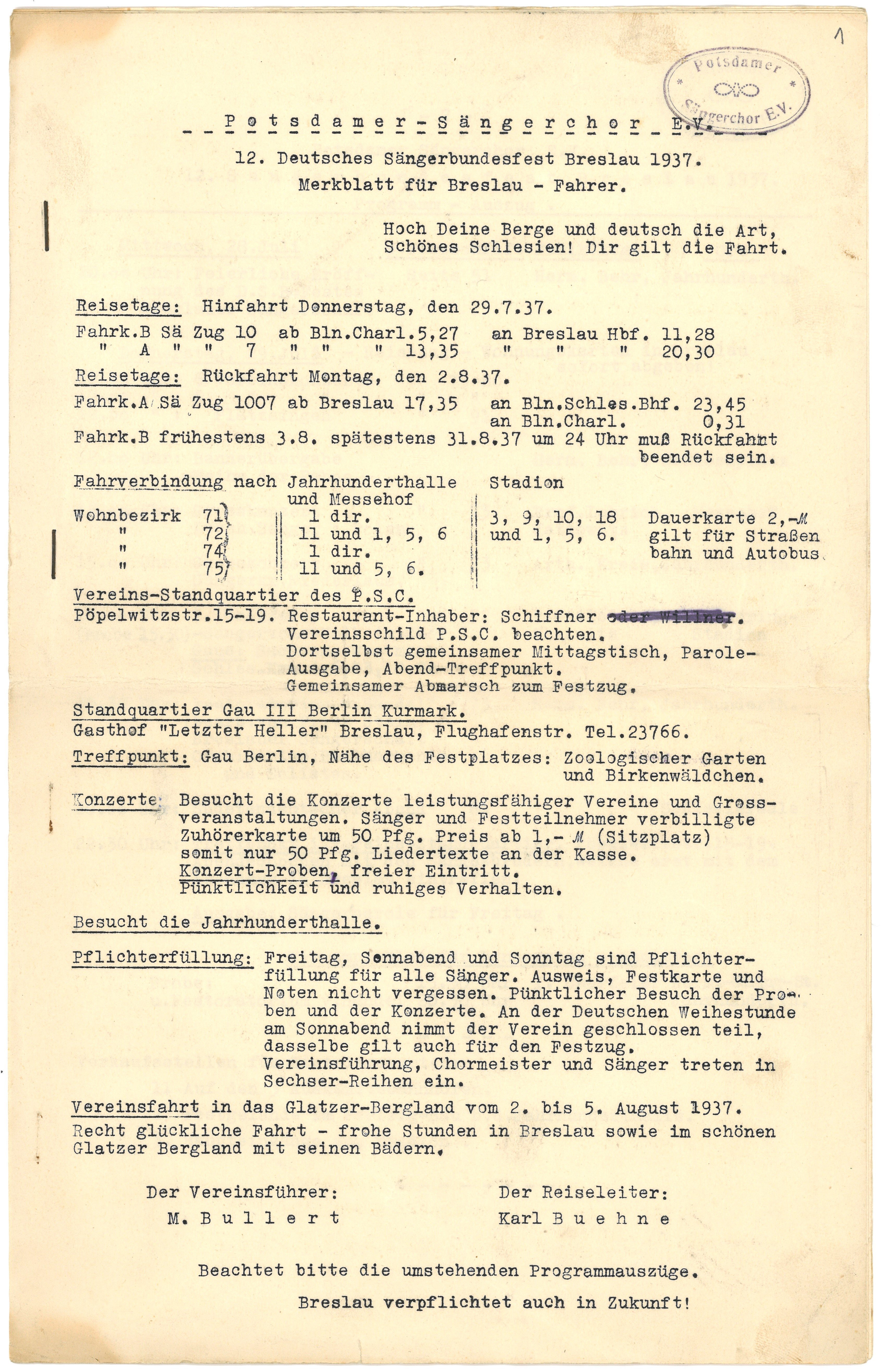 Merkblatt des Potsdamer Sängerchors E.V. für die Teilnehmer des 12. Deutschen Sängerbundesfests Breslau 1937 (Landesgeschichtliche Vereinigung für die Mark Brandenburg e.V., Archiv CC BY)