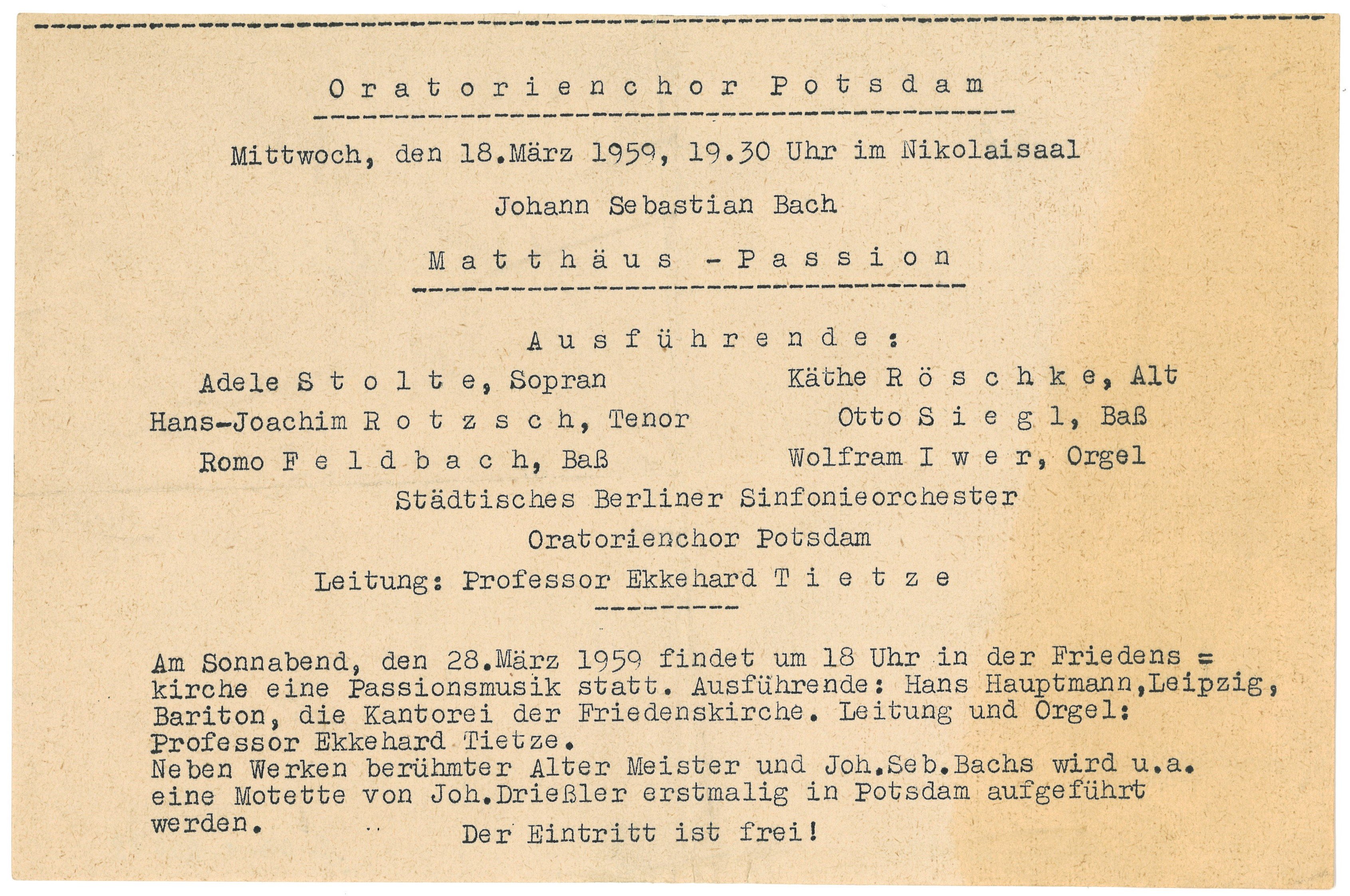 Einladung des Oratorienchors Potsdam zur Aufführung der Matthäus-Passion im Nikolaisaal am 18. März 1959 (Landesgeschichtliche Vereinigung für die Mark Brandenburg e.V., Archiv CC BY)