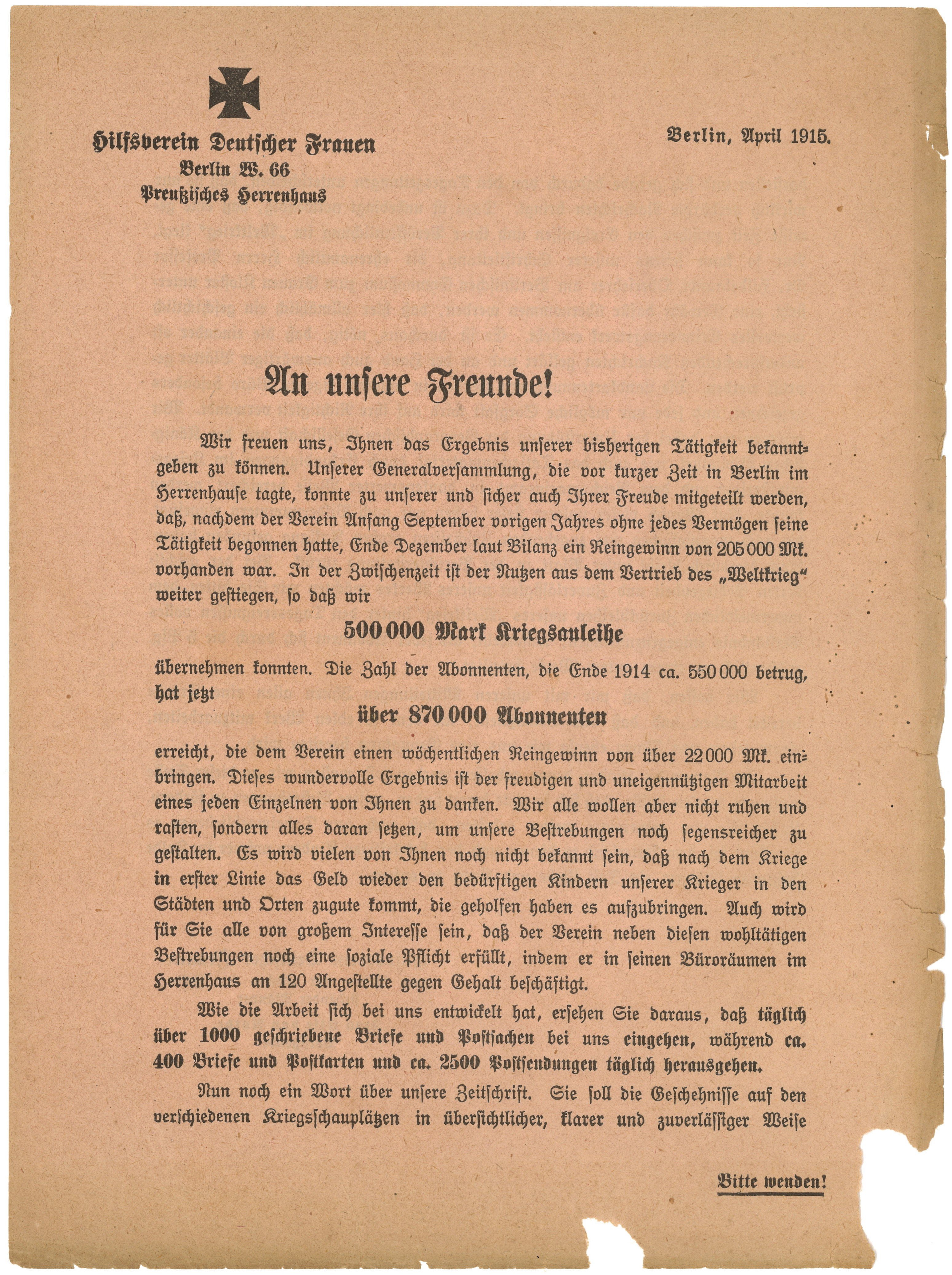 Flugblatt des Hilfsvereins Deutscher Frauen "An unsere Freunde!" 1915 (Landesgeschichtliche Vereinigung für die Mark Brandenburg e.V., Archiv CC BY)