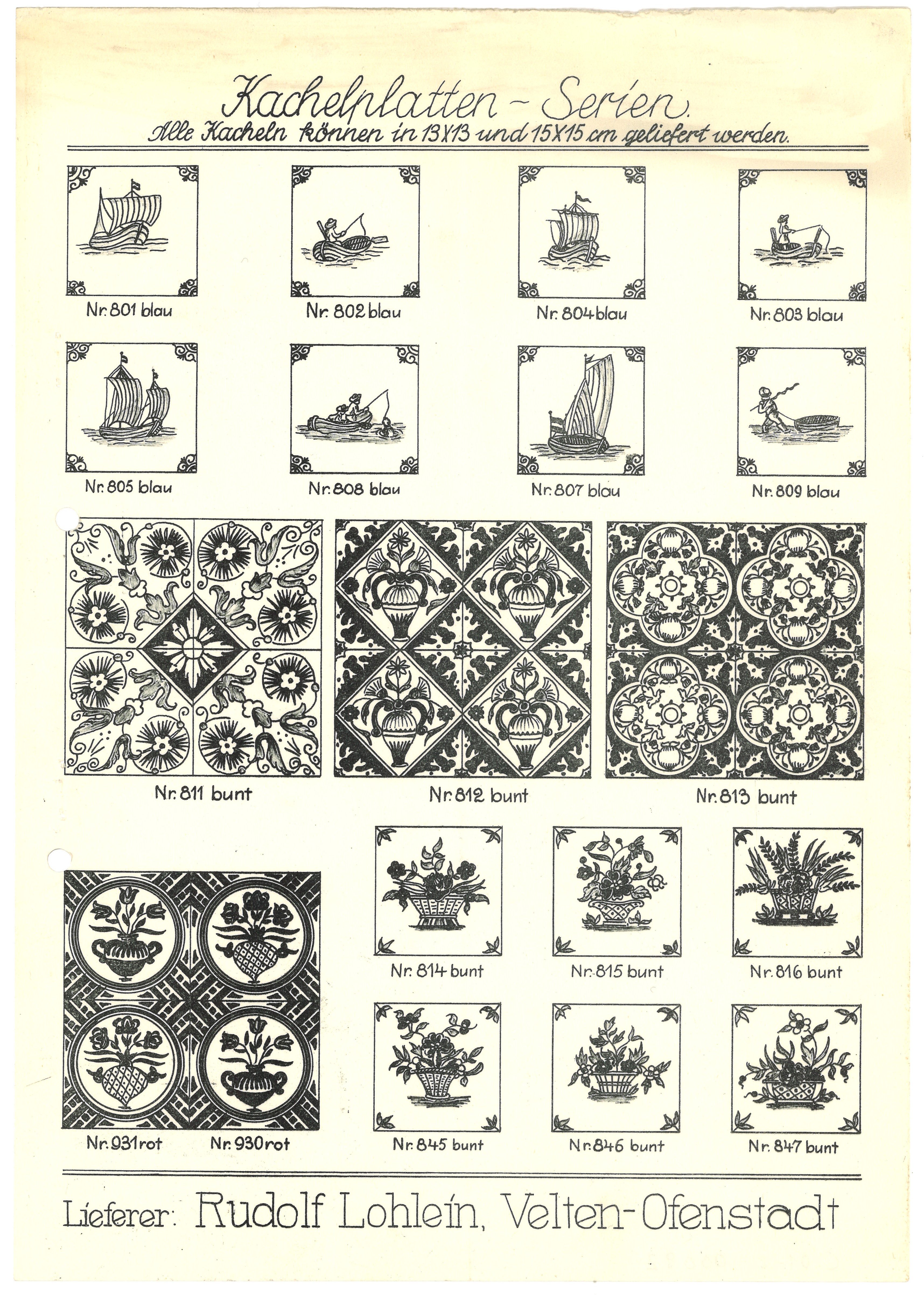 Angebotsblatt lieferbarer Kachelplatten-Serien von Rudolf Lohlein in Velten (Nr. 801–847) (Landesgeschichtliche Vereinigung für die Mark Brandenburg e.V., Archiv CC BY)