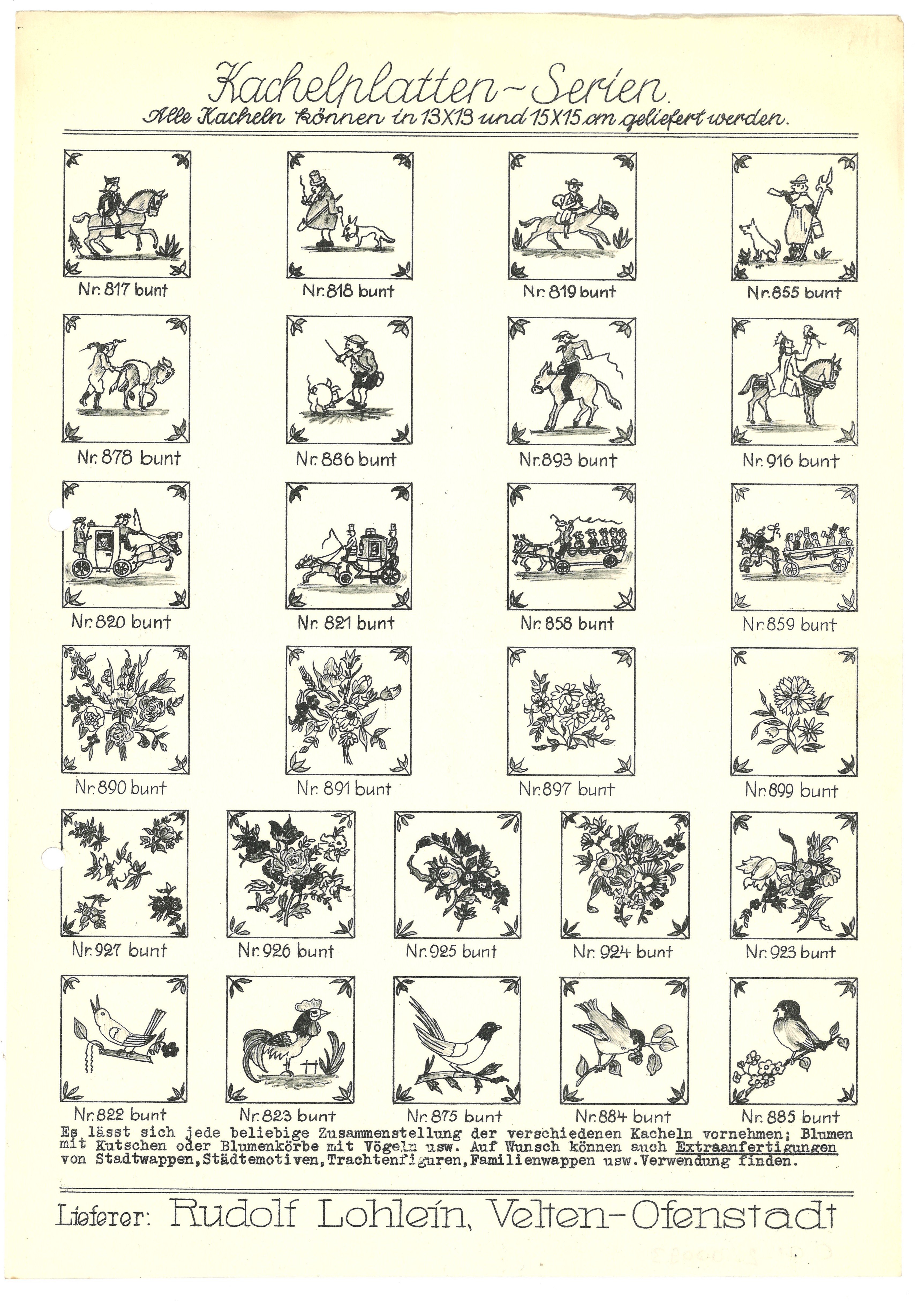 Angebotsblatt lieferbarer Kachelplatten-Serien von Rudolf Lohlein in Velten (Nr. 817–927) (Landesgeschichtliche Vereinigung für die Mark Brandenburg e.V., Archiv CC BY)