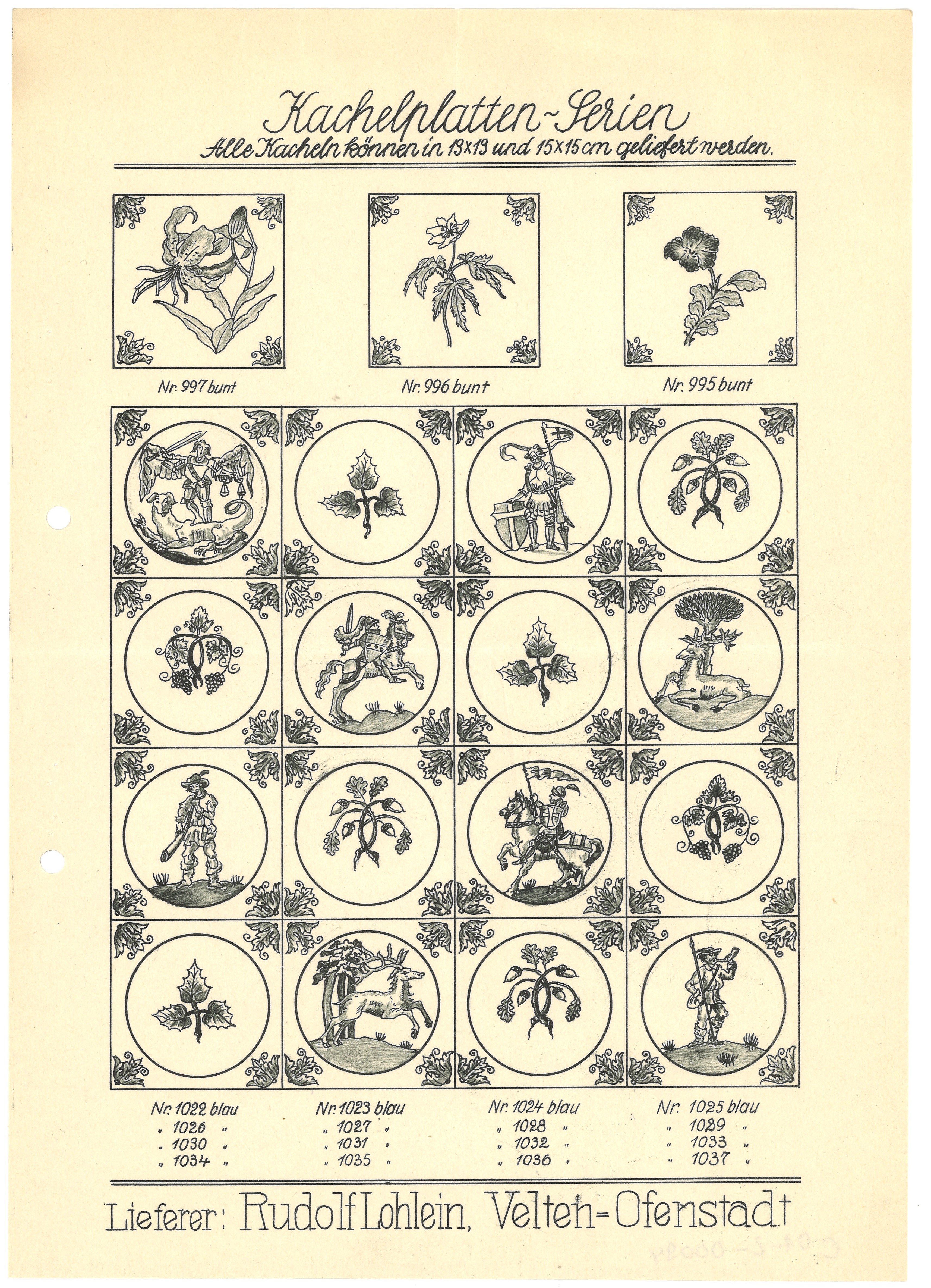 Angebotsblatt lieferbarer Kachelplatten-Serien von Rudolf Lohlein in Velten (Nr. 995–1037) (Landesgeschichtliche Vereinigung für die Mark Brandenburg e.V., Archiv CC BY)