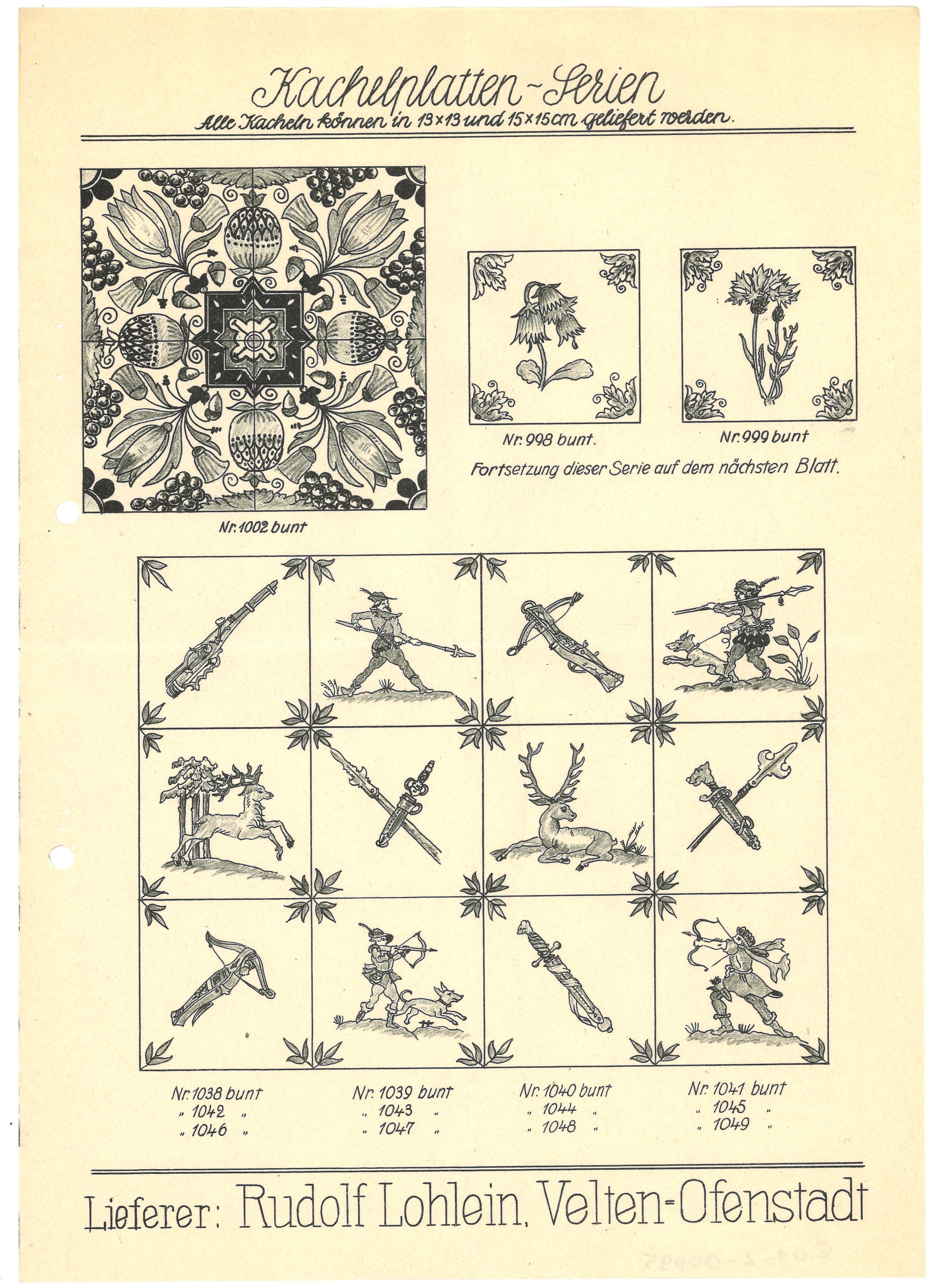 Angebotsblatt lieferbarer Kachelplatten-Serien von Rudolf Lohlein in Velten (Nr. 998–1049) (Landesgeschichtliche Vereinigung für die Mark Brandenburg e.V., Archiv CC BY)