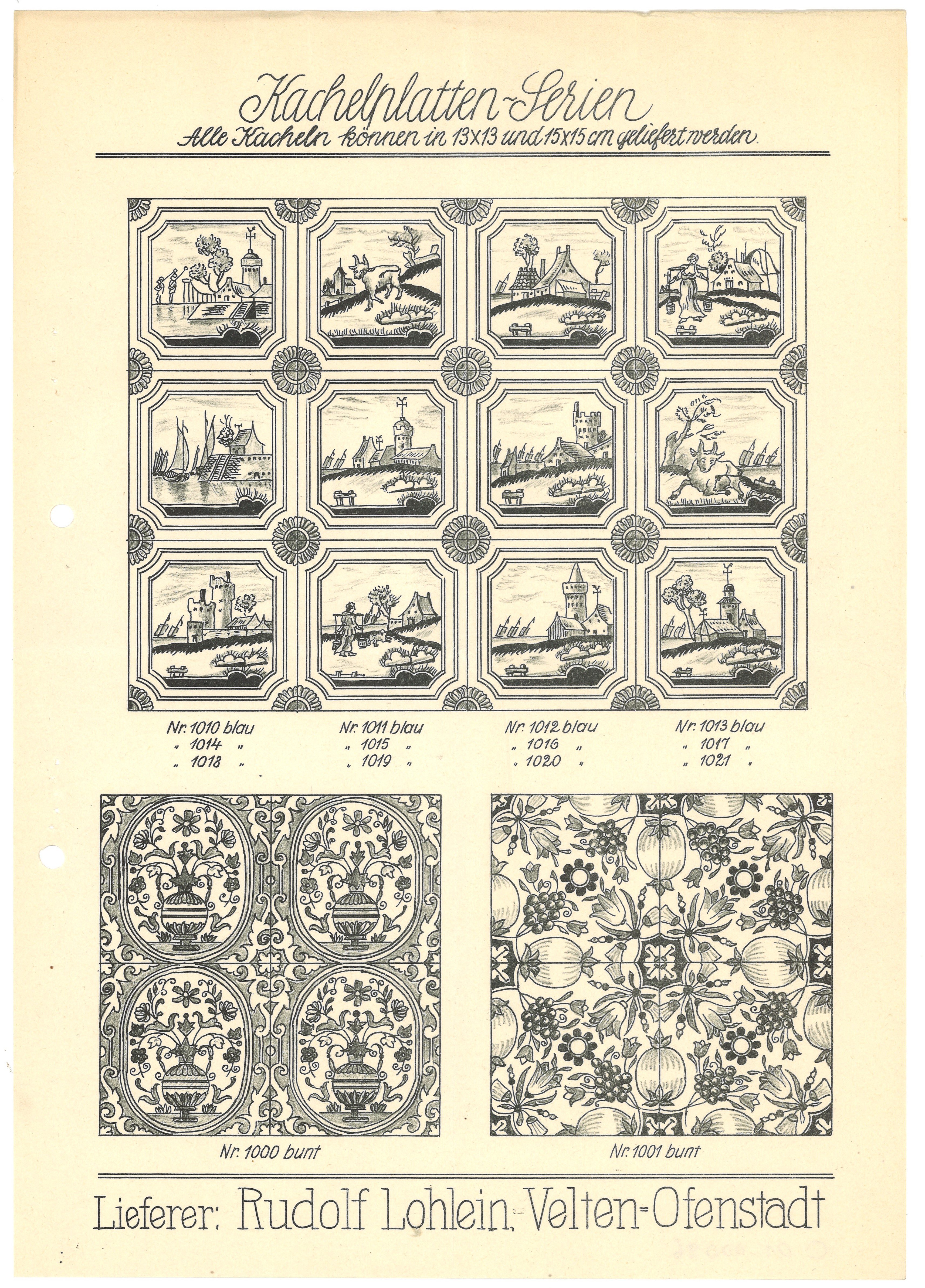 Angebotsblatt lieferbarer Kachelplatten-Serien von Rudolf Lohlein in Velten (Nr. 1000–1021) (Landesgeschichtliche Vereinigung für die Mark Brandenburg e.V., Archiv CC BY)